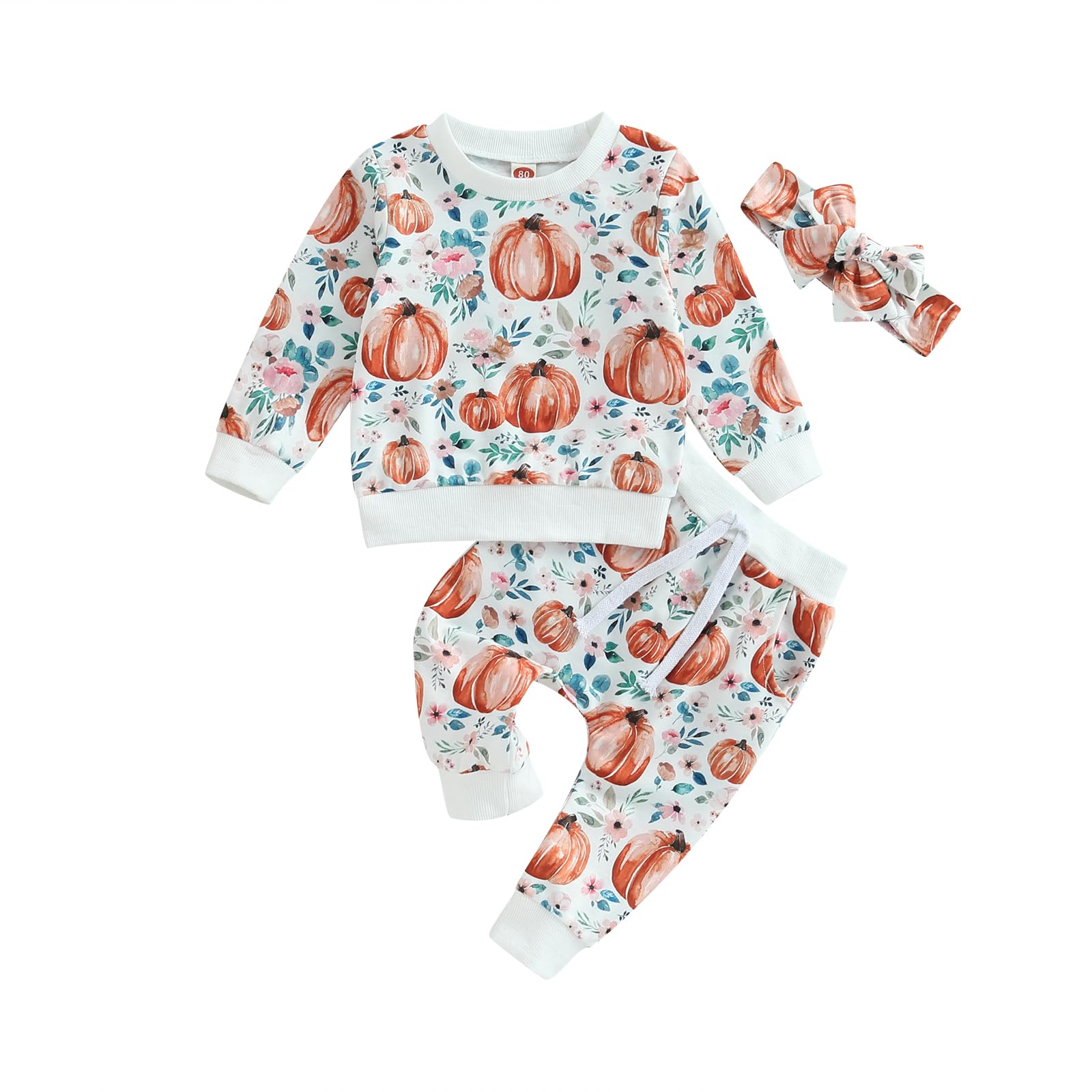 Dcohmch Baby Girl Halloween Outfit - Long Sleeve Pumpkin Floral Sweatshirt & Pants Set for Newborn Infant | Fall Baby Clothes for Photo Shoots, Trick or Treating & Autumn Family Outings