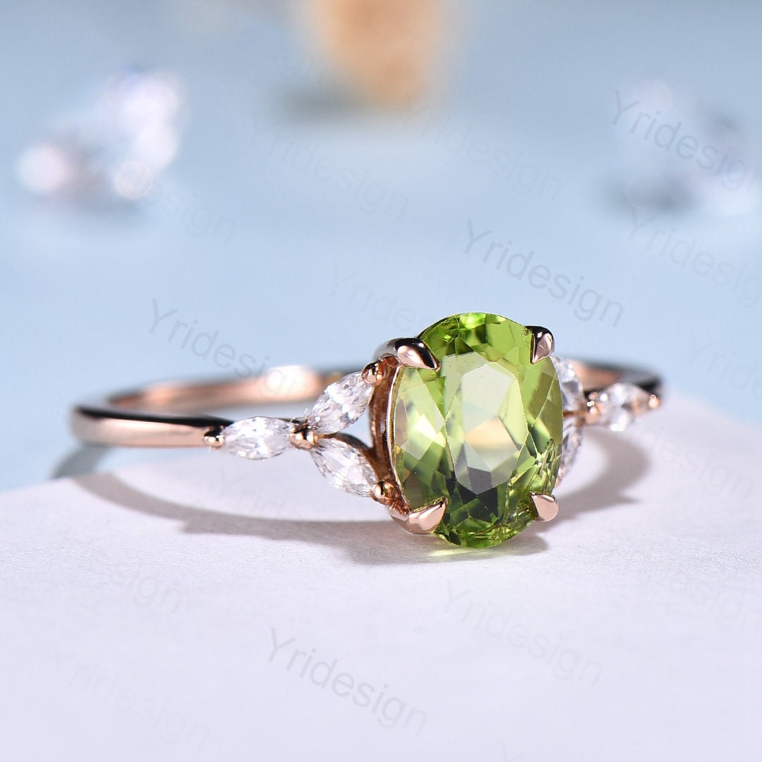 Natural Peridot Engagement Ring for Women - Oval Green Peridot Vintage Ring in Rose Gold, August Birthstone Bridal Promise Ring | Perfect for Weddings, Anniversaries & Special Occasions