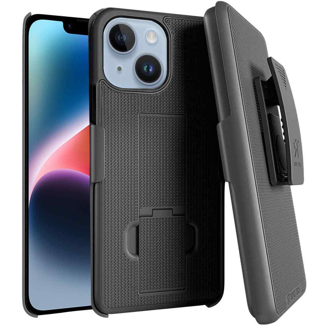 Durable Slim Belt Clip Holster Case for Apple iPhone 14 with Kickstand - Black Dots Design | Perfect for Outdoor Activities, Work & Everyday Protection