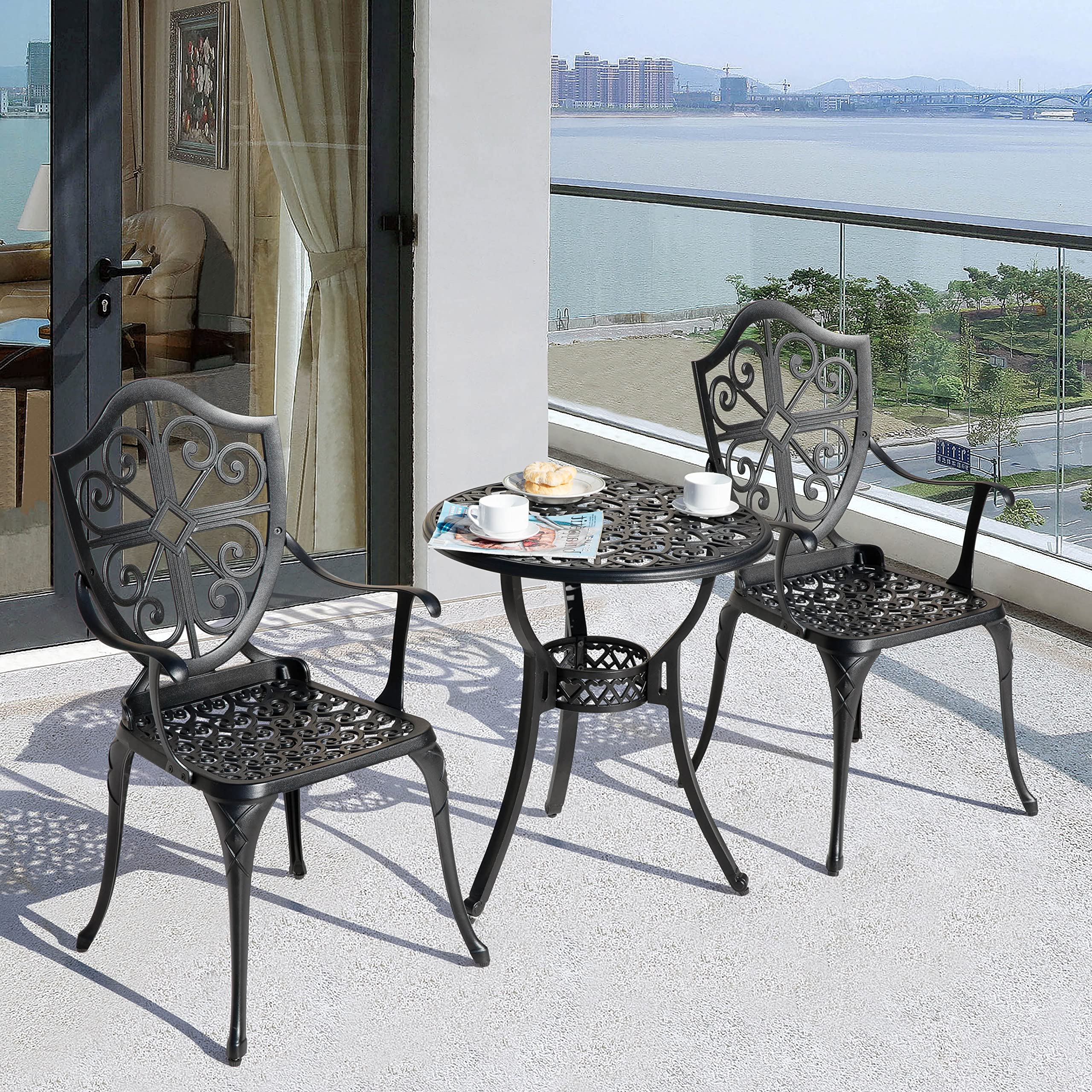 Nuu Garden 3-Piece Outdoor Bistro Set - Cast Aluminum Patio Table & 2 Chairs with Umbrella Hole - Perfect for Backyard, Garden, and Small Balcony Dining