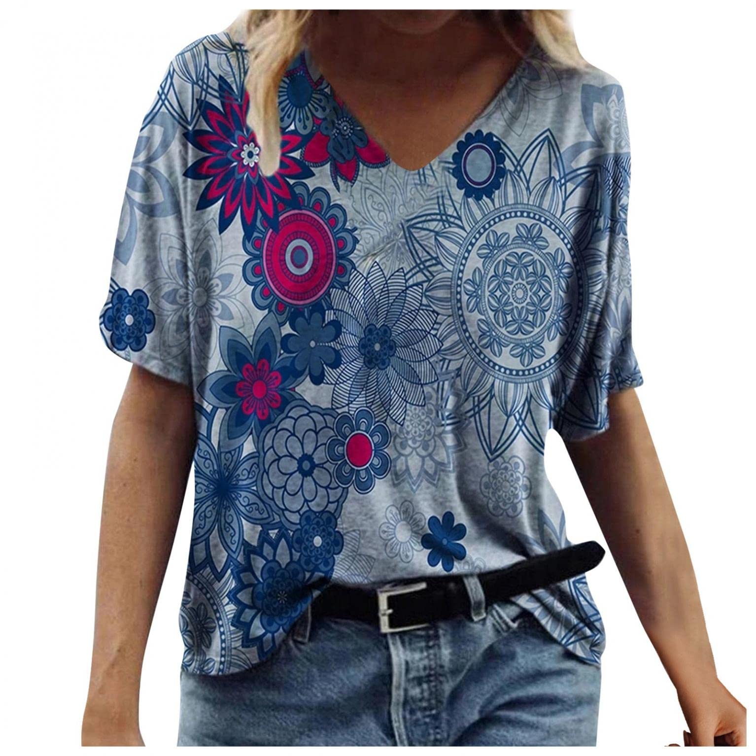 Masbird Women's Short Sleeve V-Neck Floral Print Tunic Tops - Casual Comfortable Blouse for Teen Girls | Perfect for Summer Outfits, Daily Wear & Casual Occasions