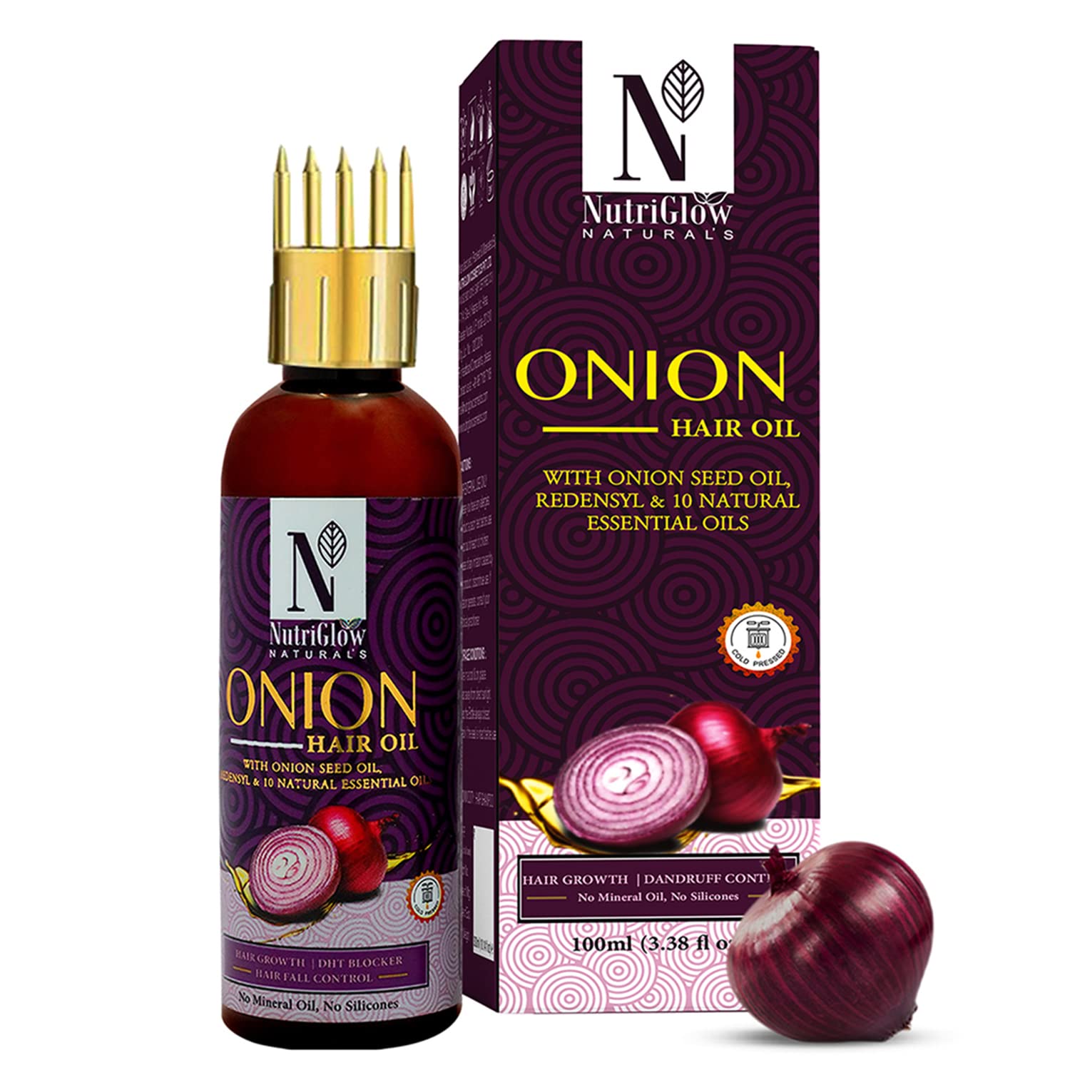 NutriGlow NATURAL'S Red Onion Seed Hair Oil for Hair Growth & Fall Control - Anti-Dandruff Treatment for Stronger, Healthier Hair - 100ml Bottle - Perfect for Daily Scalp Massage & Overnight Hair Care