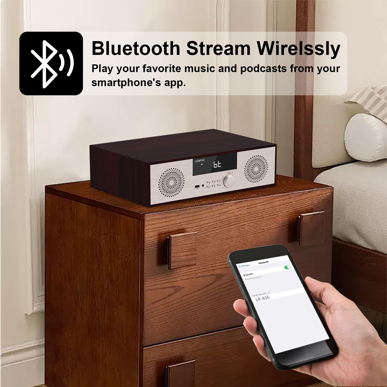 LONPOO 40W Home Stereo System with CD Player, Bluetooth Speakers, USB Playback, FM Radio, Aux & Earphone Port - Perfect for Living Room Music & Home Theater Audio (816-GOLD)
