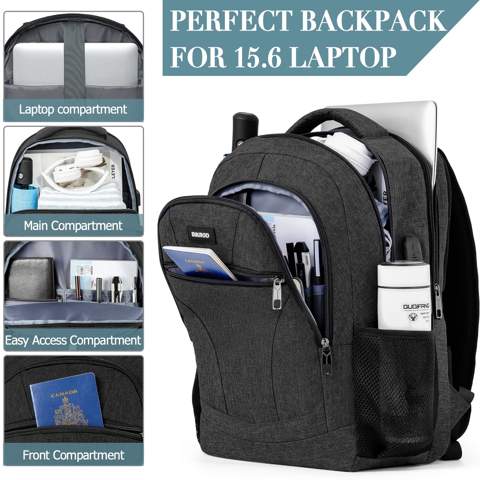 Water Resistant USB Charging Backpack for Men & Women - 15.6 Inch Laptop Backpack for School, College, Travel & Work - Durable Anti-Theft Computer Bag with Charging Port (Black)