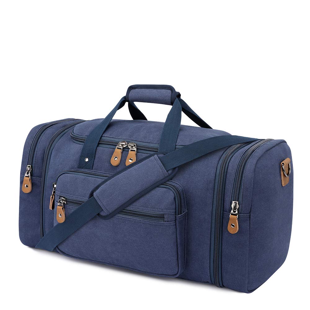 Gonex 50L Canvas Duffle Bag for Travel, Gym, Sports & Weekend Getaways - Water-Resistant Carry-On Overnight Bag with Shoulder Strap (Blue) - Perfect for Camping, Hiking & Business Trips