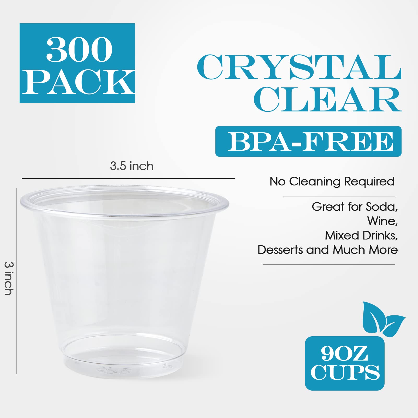 Turbo Bee 300 Pack 9oz Clear Disposable Plastic Cups - Crystal PET Party Drinking Cups for Wine, Juice, Iced Coffee & Cold Beverages - Perfect for Parties, BBQs, Picnics & Office Events