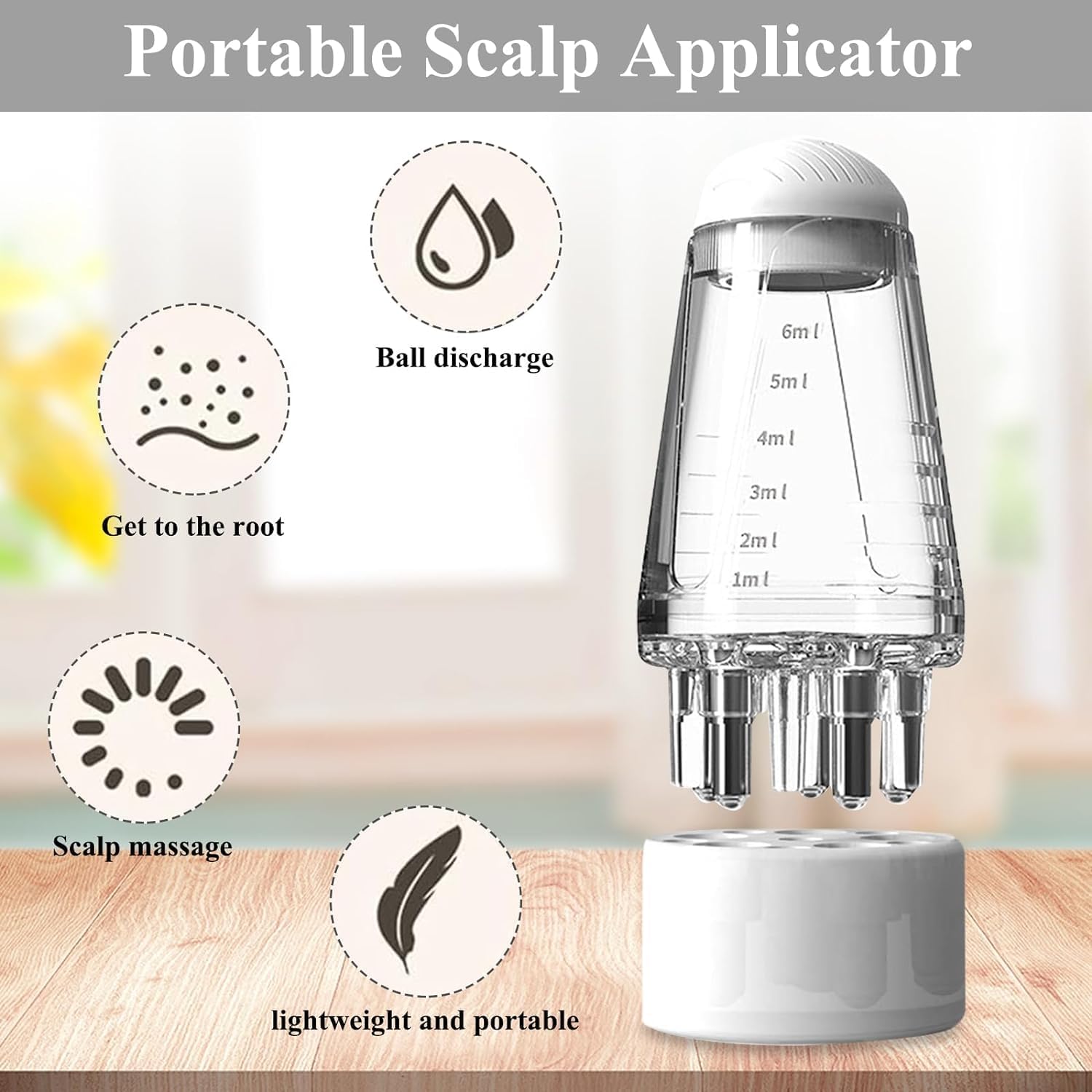 DLALA 1-Hair Oil Applicator with 6ml Tank - 5 Ball Heads & 6 Massage Teeth for Scalp Massage - Anti Hair Loss Lotion Dispenser - Essential Oil Applicator for Hair Growth (White) - Perfect for Home Hair Care & Salon Treatments
