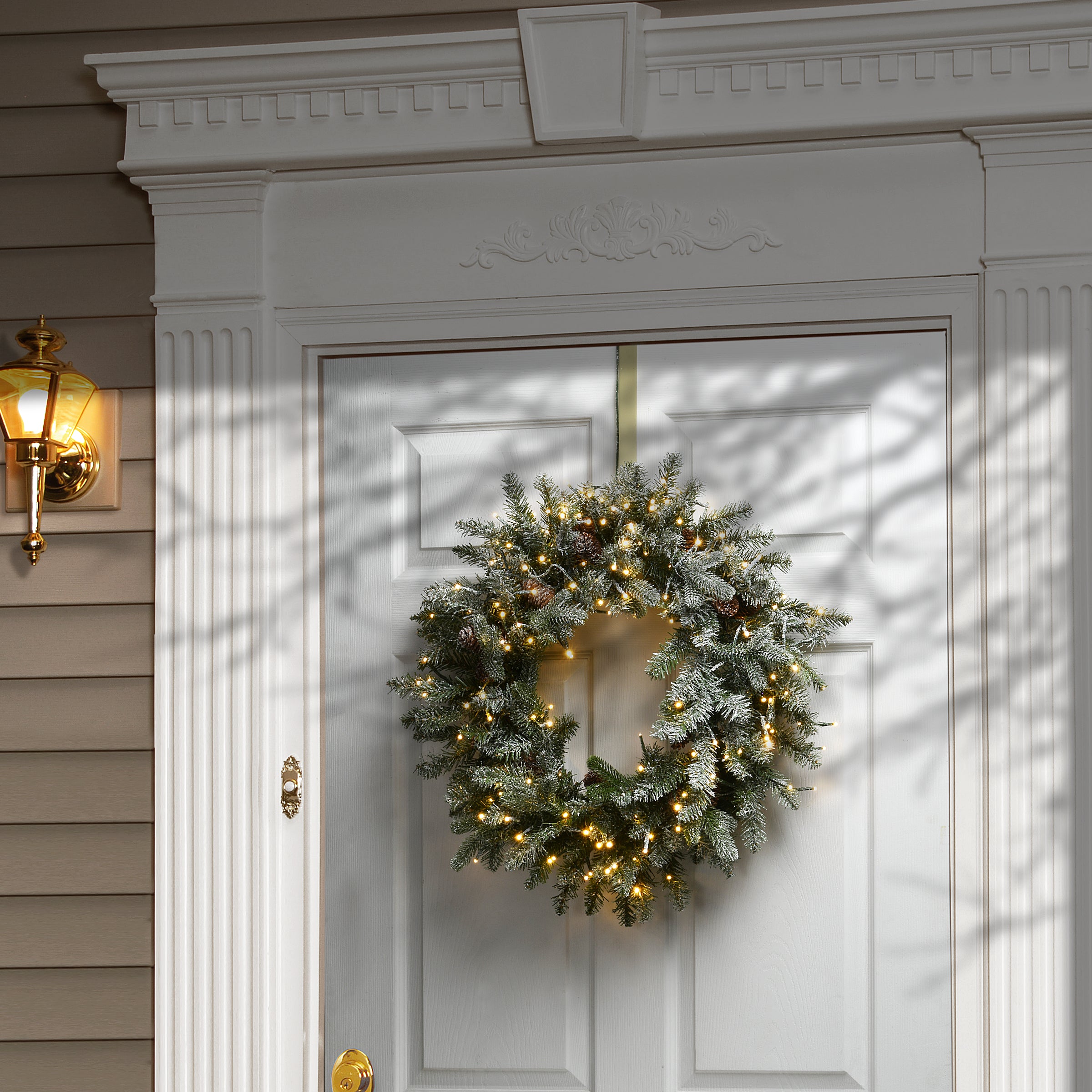 24 Inch Pre-Lit Snowy Morgan Spruce Wreath with Dual Color LED Lights - Perfect for Christmas Decor, Front Door, Fireplace & Holiday Home Decorating