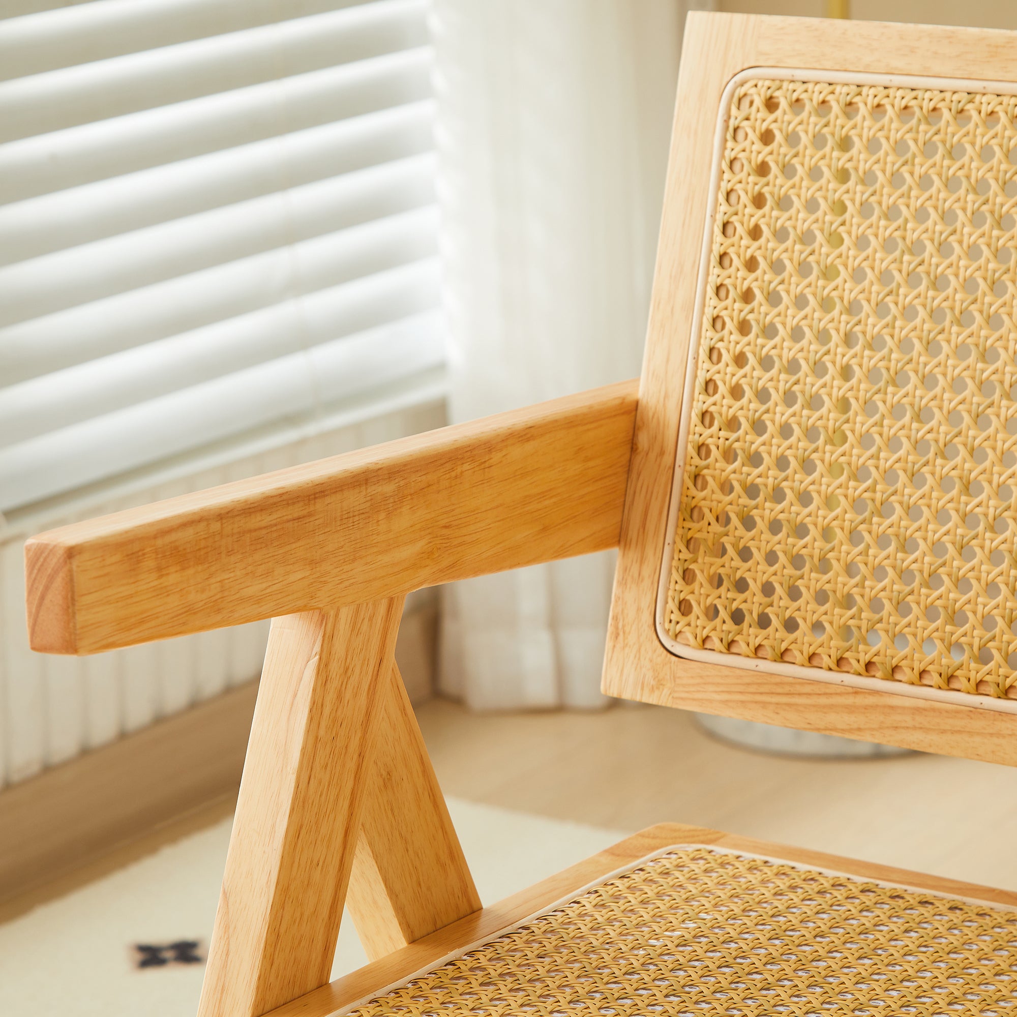 Solid Wood Dining Chairs with Armrests - Natural Rubber Wood & Rattan Woven Design for Kitchen, Dining Room, or Outdoor Patio