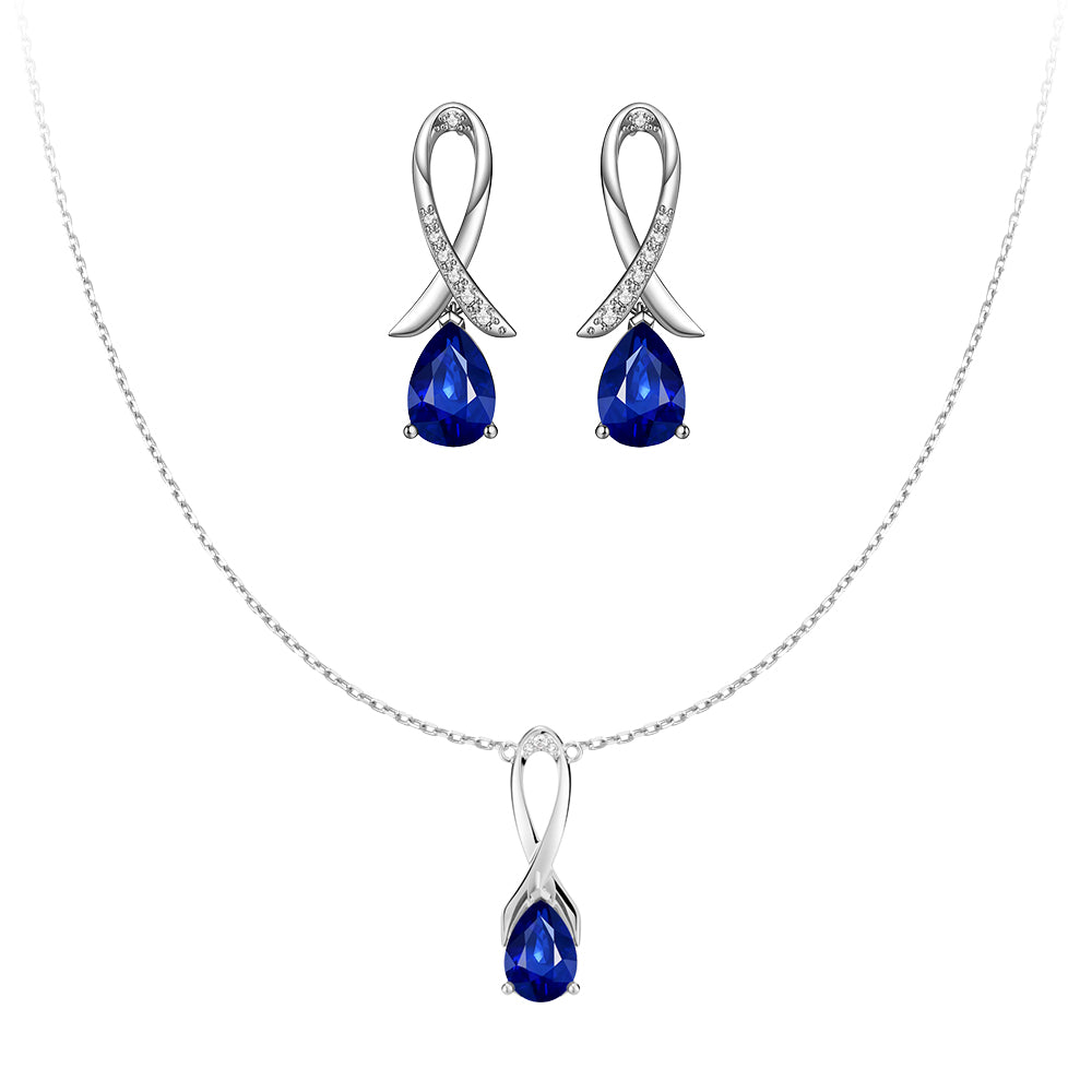 Blue Sapphire Necklace and Earrings Set for Women - Elegant Pink Ribbon Jewelry Gift for Birthday, Anniversary & Valentine's Day - Perfect for Parties, Weddings & Special Occasions
