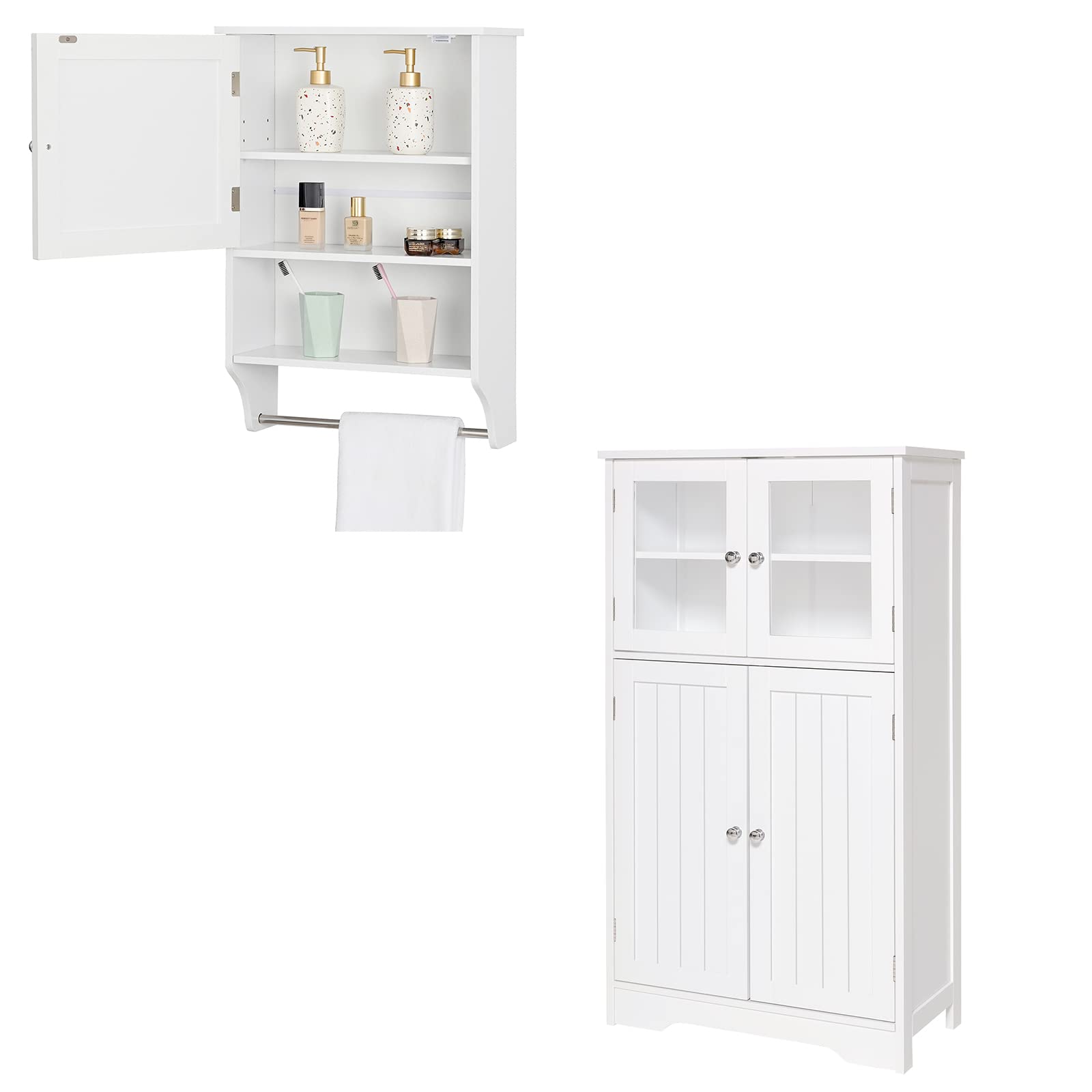 IWELL Freestanding Bathroom Cabinet & Wall Cabinet Set - White Floor Storage Cabinet with Glass Doors & Adjustable Shelves - Perfect for Bathroom Organization, Living Room Decor & Bedroom Storage