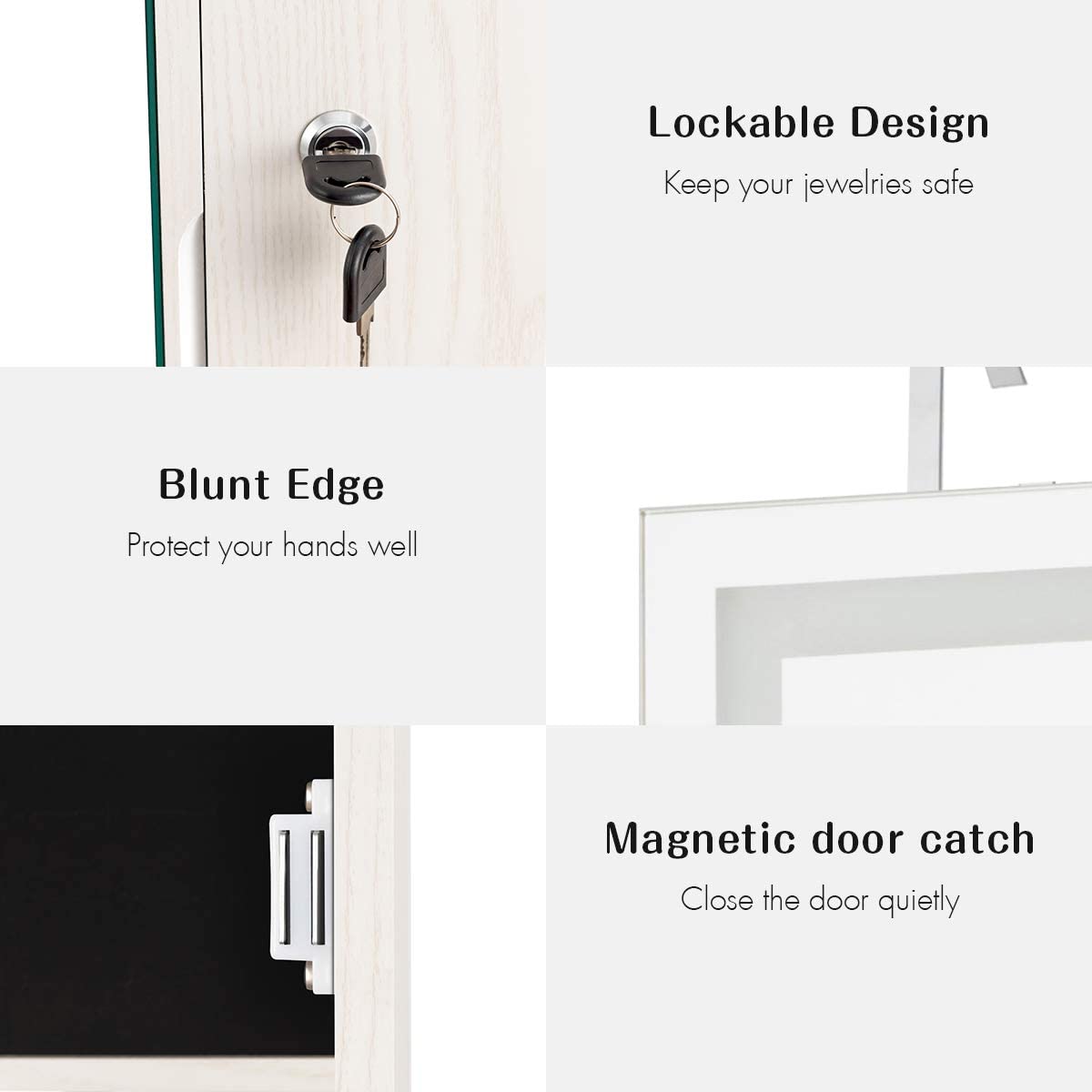 MAT EXPERT Wall/Door Mounted Jewelry Cabinet with LED Lights & Touch-Screen Mirror - White Lockable Jewelry Organizer for Necklaces, Rings & Makeup - Perfect for Bedroom, Closet & Dressing Room Organization