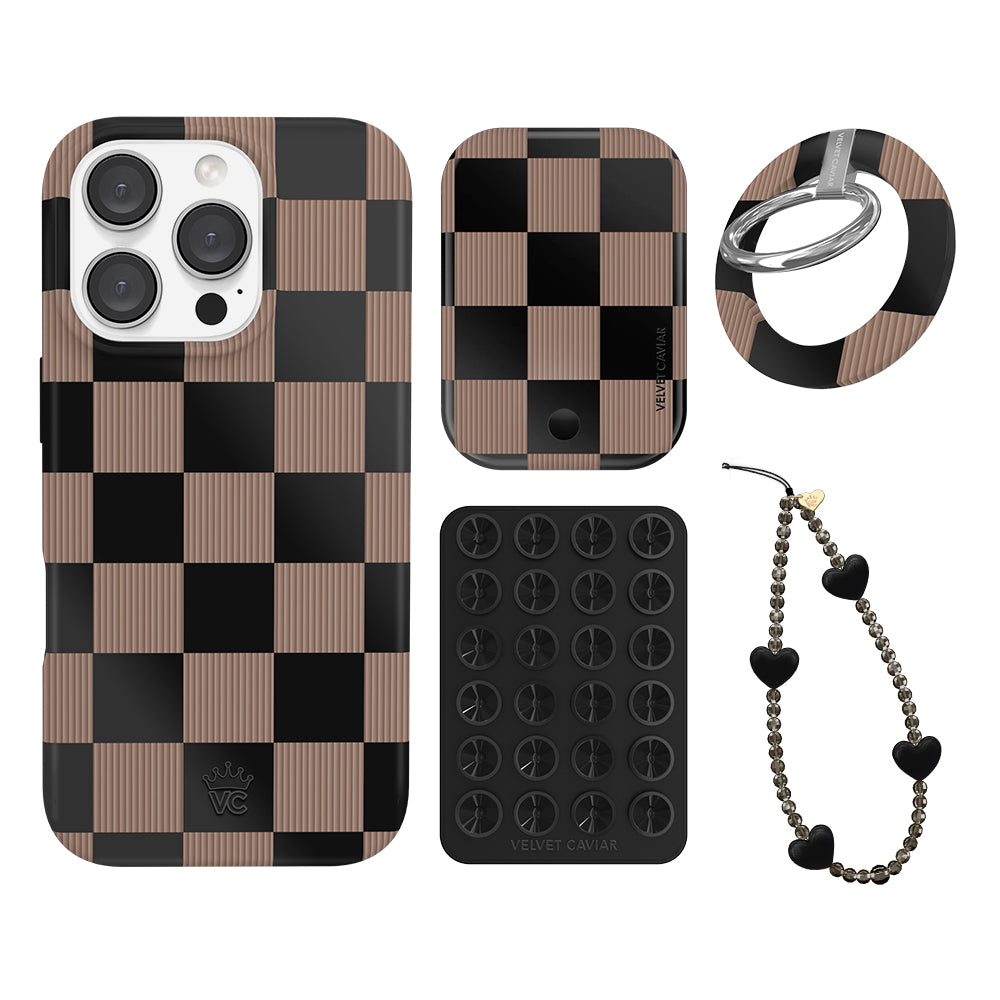 Mocha Vibe Checkered iPhone Case with Grip - Trendy Protective Phone Cover for iPhone 13/14/15 Pro Max | Perfect for Everyday Use, Travel & Work
