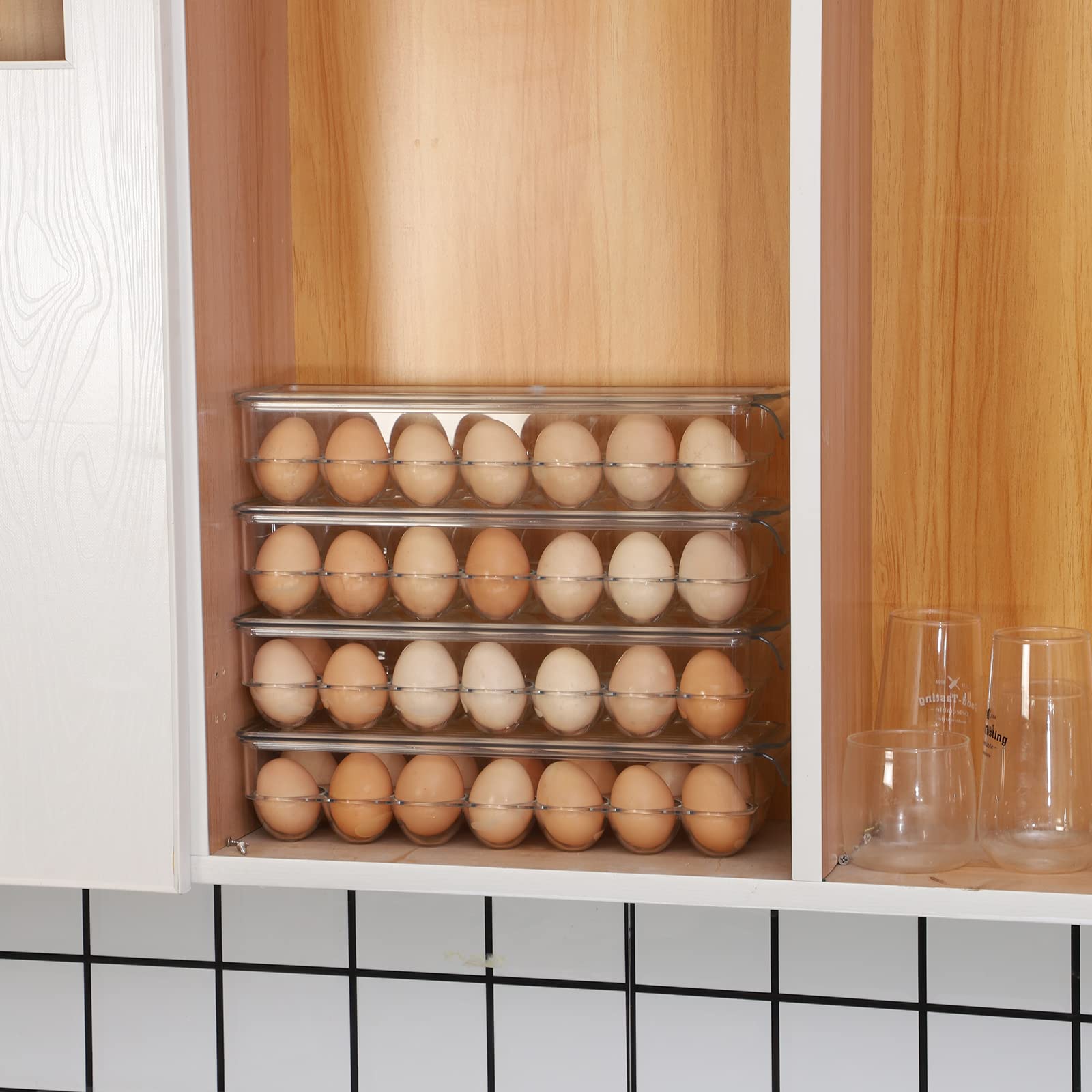 Clear Stackable Acrylic Egg Container for Refrigerator - 14 Egg Organizer Holder with 4PCS Set, Perfect for Kitchen Organization, Fridge Storage & Space Saving Egg Dispenser - Ideal for Breakfast Meal Prep & Baking Needs