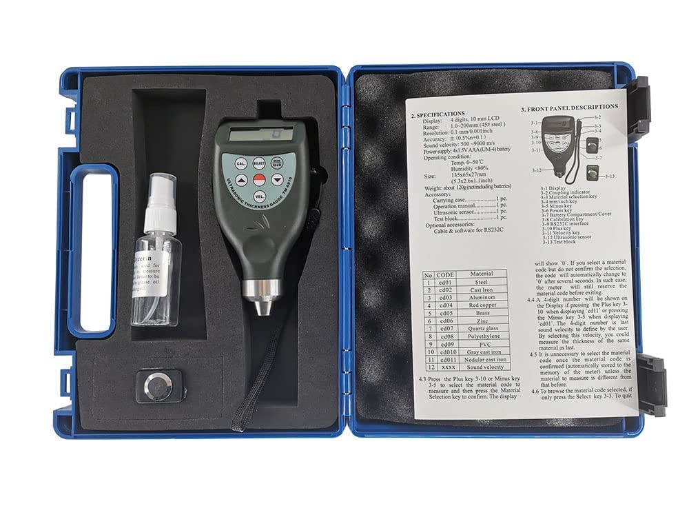 Precision Ultrasonic Thickness Gauge Meter (1.0-200mm/0.05-8inch) with RS-232 Cable & Software - Ideal for Metal, Plastic, and Pipe Thickness Measurement in Industrial Inspections