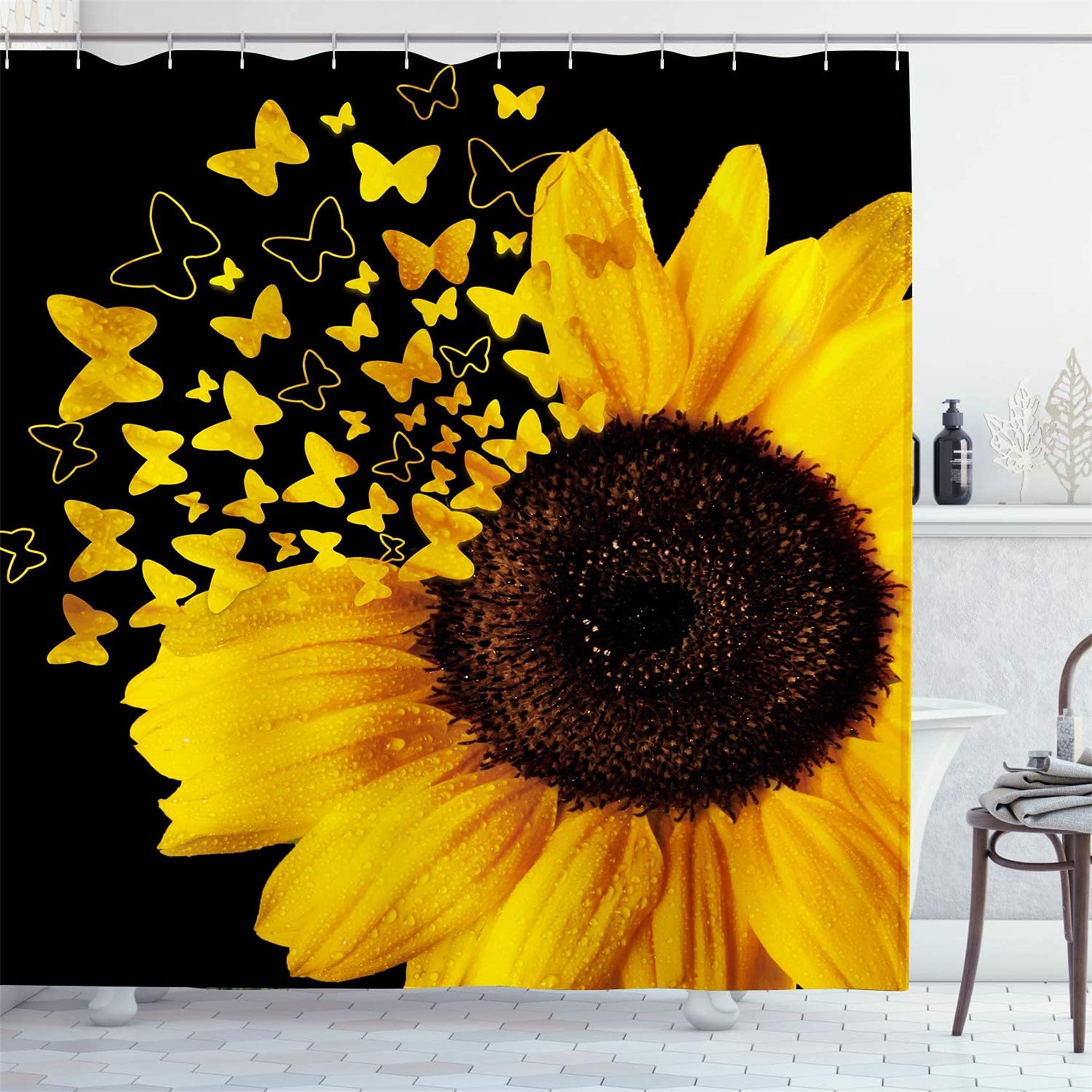 AZHM 4-Piece Butterfly Sunflower Shower Curtain Set with Non-Slip Bath Mat, Toilet Lid Cover & 12 Hooks - Waterproof Bathroom Decor for Home, Apartment, Dorm (Butterfly Floral Design)