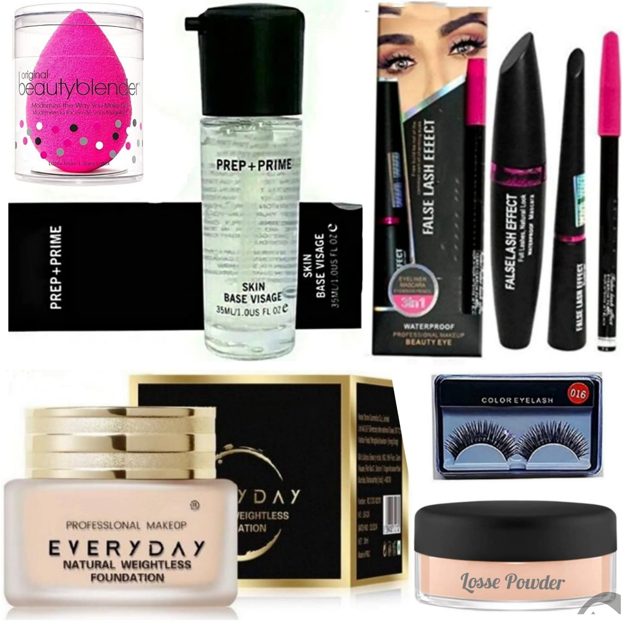 Huda Professional Waterproof Long-Lasting Natural Foundation & 3-in-1 Makeup Kit (Mascara, Liquid Eyeliner, Eyebrow Pencil) with Prep + Prime, Loose Powder & Beauty Blender - 6-Piece Set for Everyday Flawless Makeup | Perfect for Work, Parties & Special Occasions