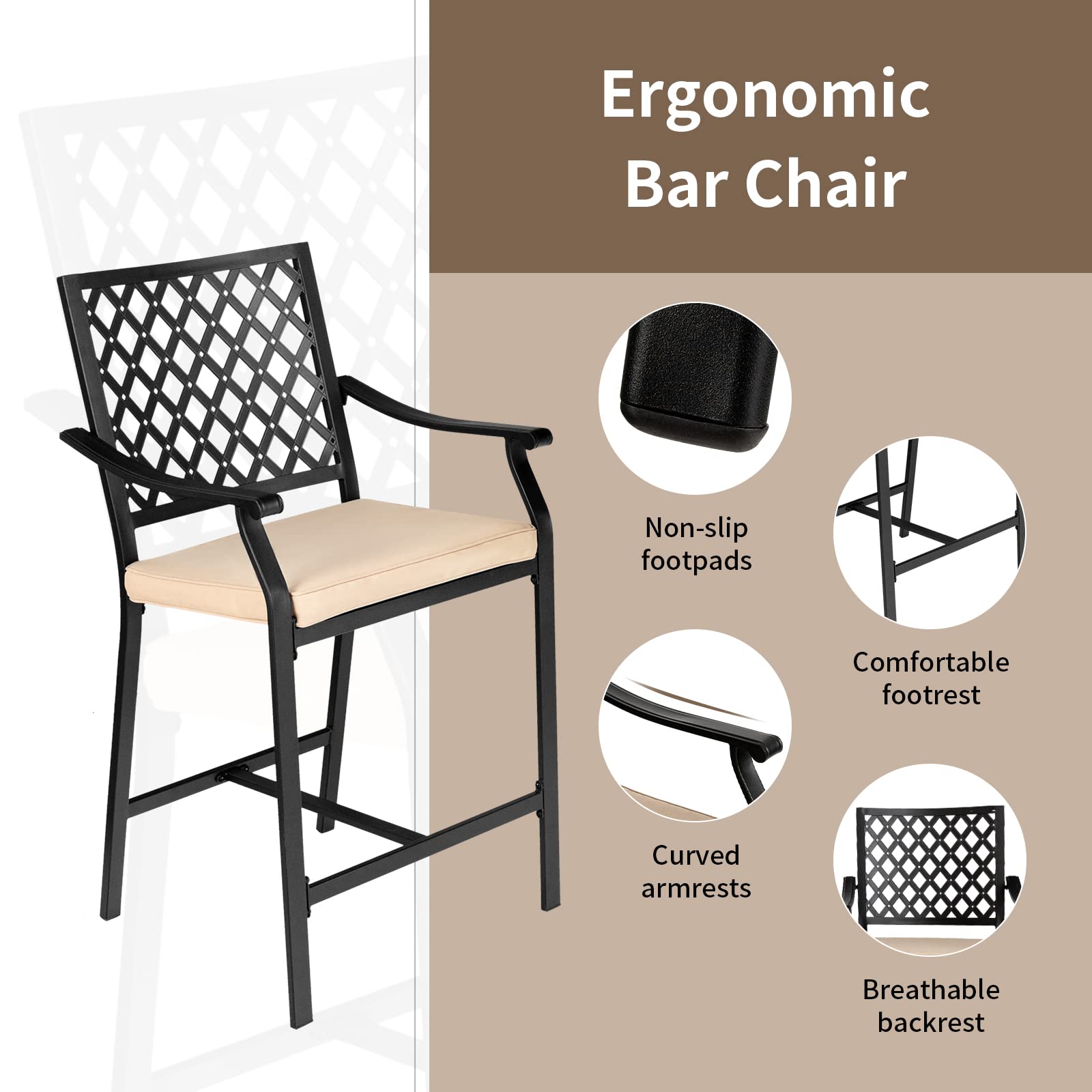 Tangkula 3-Piece Outdoor Bar Set - Patio Bistro Table & Stools with Cushions, Heavy-Duty Steel Frame, Weather-Resistant Beige Furniture for Backyard, Poolside, Garden Dining & Entertaining