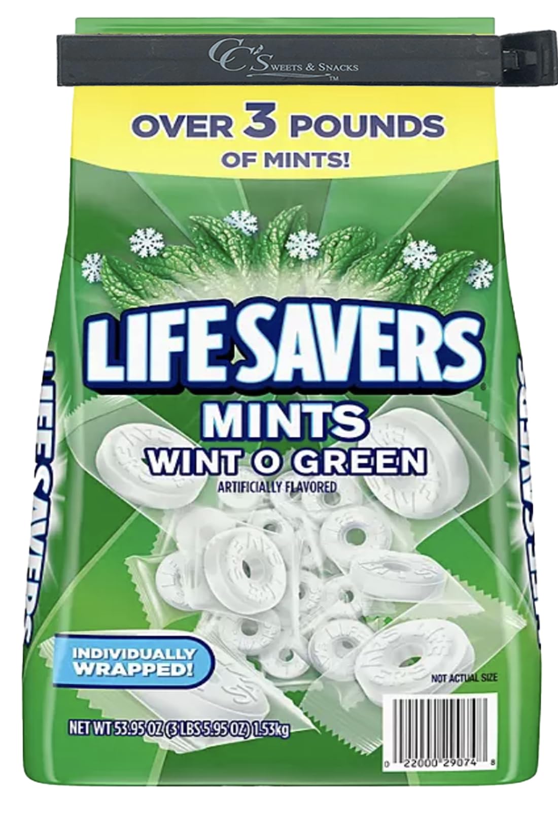 LifeSavers Wint O Green Individually Wrapped Mints - Bulk 3.5lbs (56oz) Refreshing Breath Mints for Office, Car & Travel - Includes CC's Sweets & Snacks Bag Clip