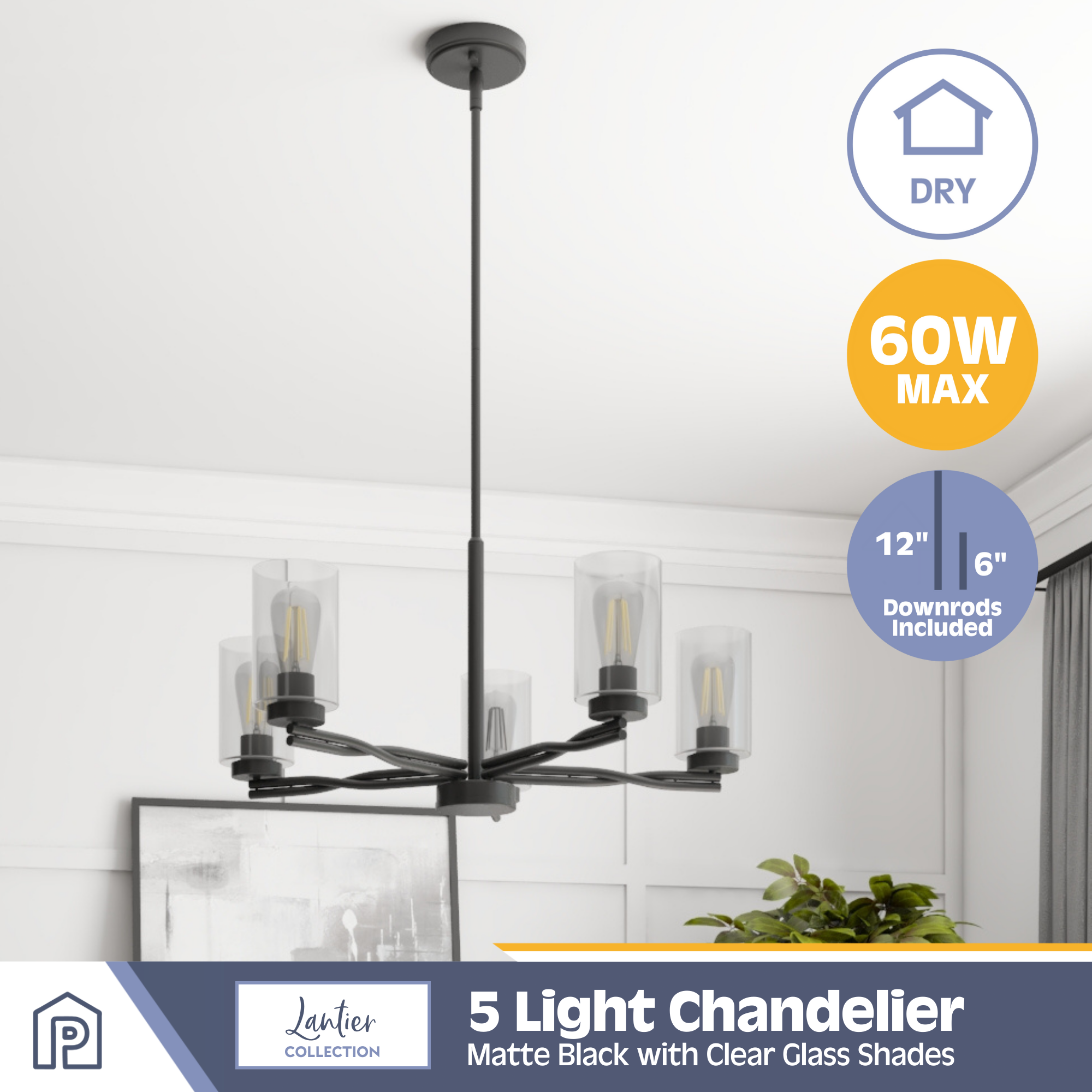 5-Light Matte Black Chandelier with Clear Glass Shades - Modern Crystal Ceiling Light Fixture for Dining Room, Bedroom, or Living Room Decor