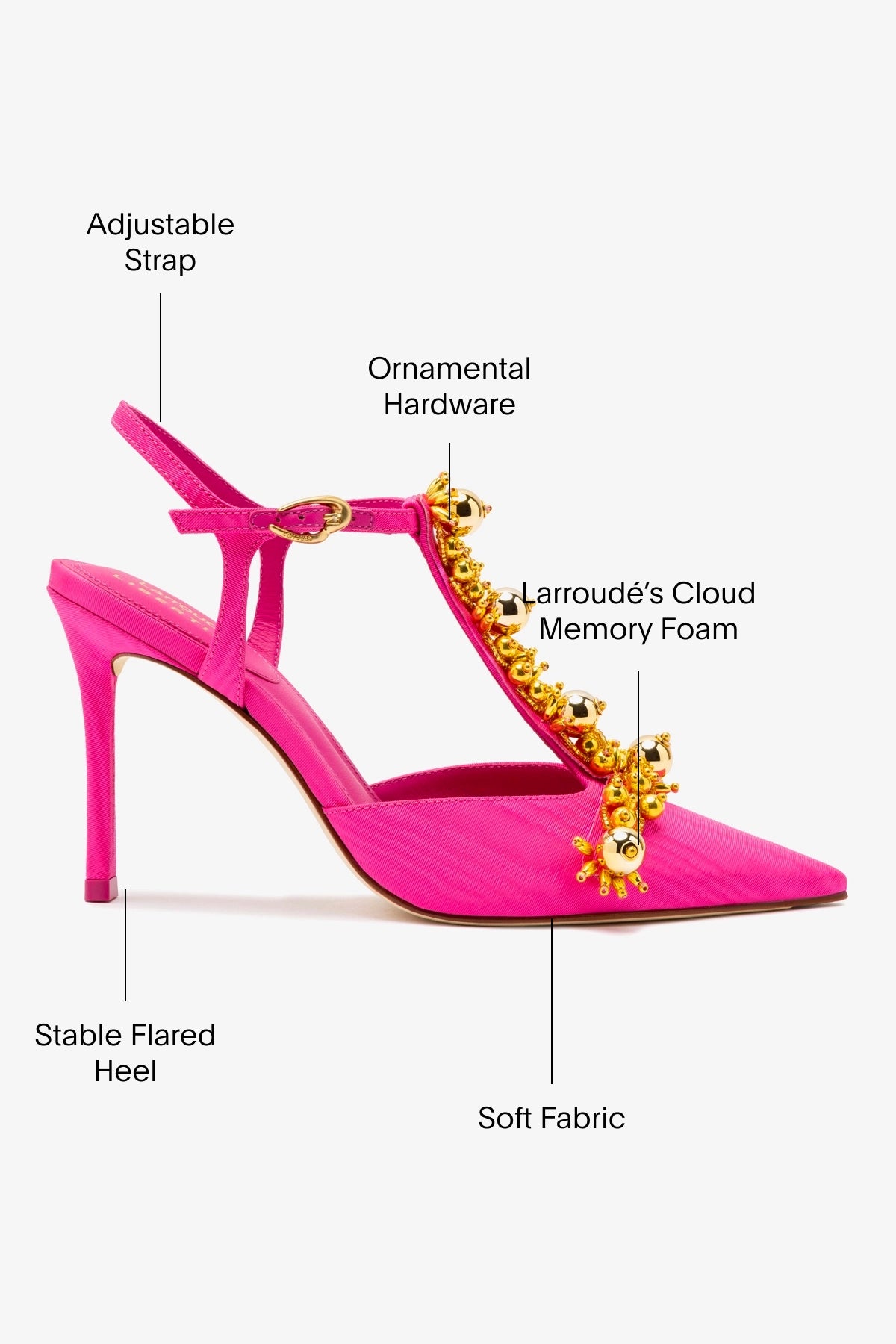 Larroudé x Libertine Women's High Heel Pump Shoes in Magenta Fabric with Golden Ball Accents - Perfect for Parties, Weddings & Special Occasions