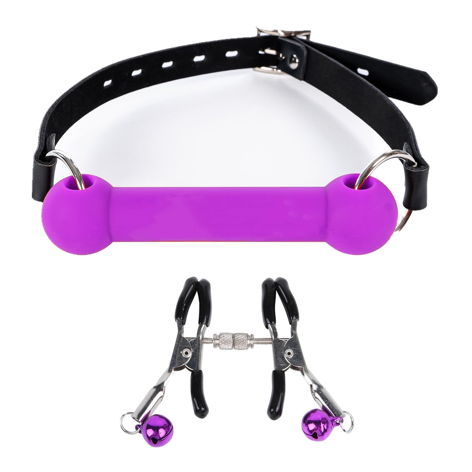 Adjustable Elastic Bondage Restraints - Open Mouth Silicone Bar Gag Muzzle for BDSM & Couples Play - Purple Bite Gag for Sensory Play & Roleplay Scenes