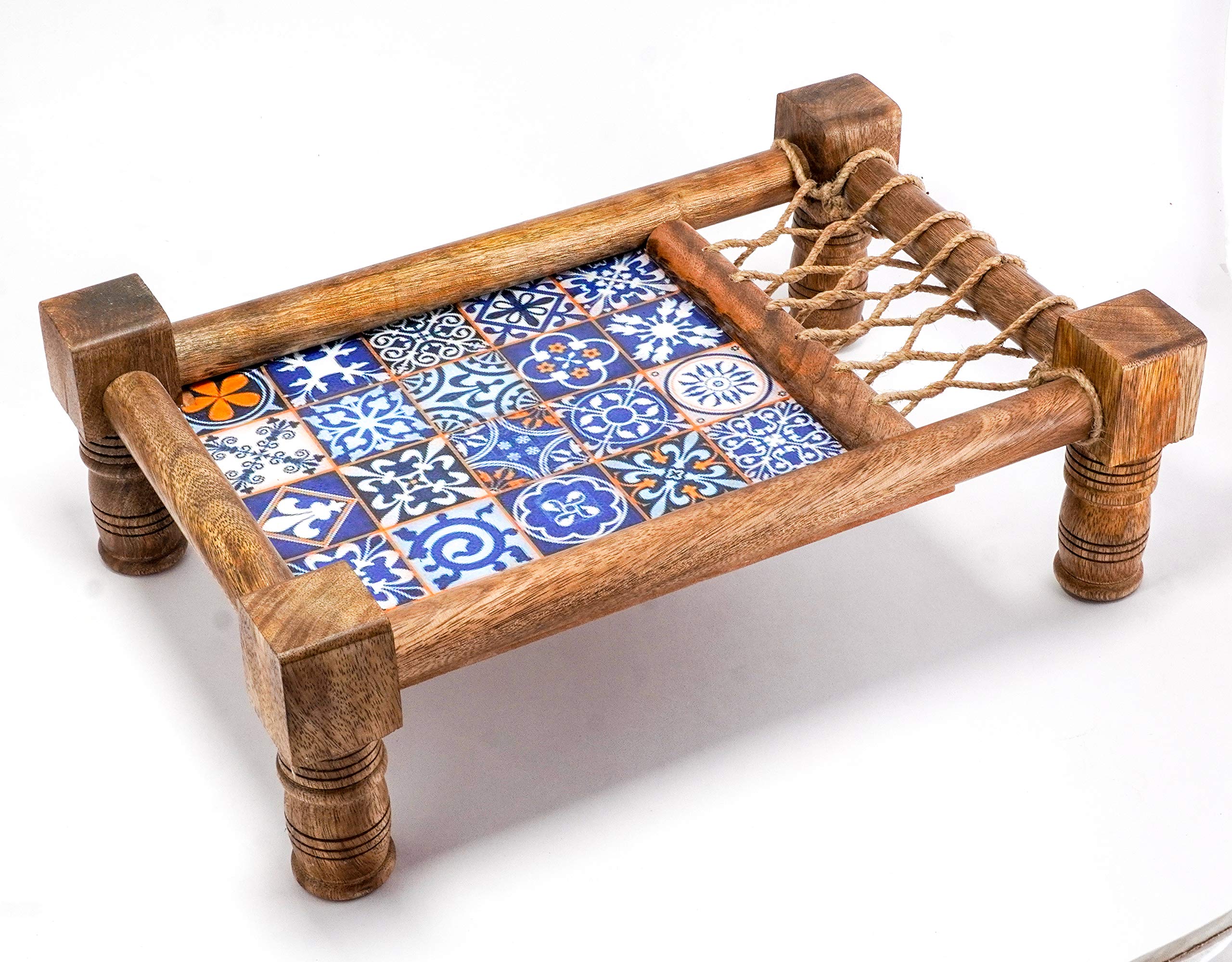 Handmade Decorative Wooden Tray for Snacks & Drinks - Traditional Indian Style Cot Tray with Jute Thread Weaving - Multi-Purpose Serving Tray 16