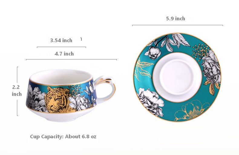 Unique Jungle Tiger Cheetah Porcelain Coffee & Tea Cups Set with Gold Trim - Elegant Ceramic Mugs with Saucers & Gift Box - Perfect for Home, Office & Gifting