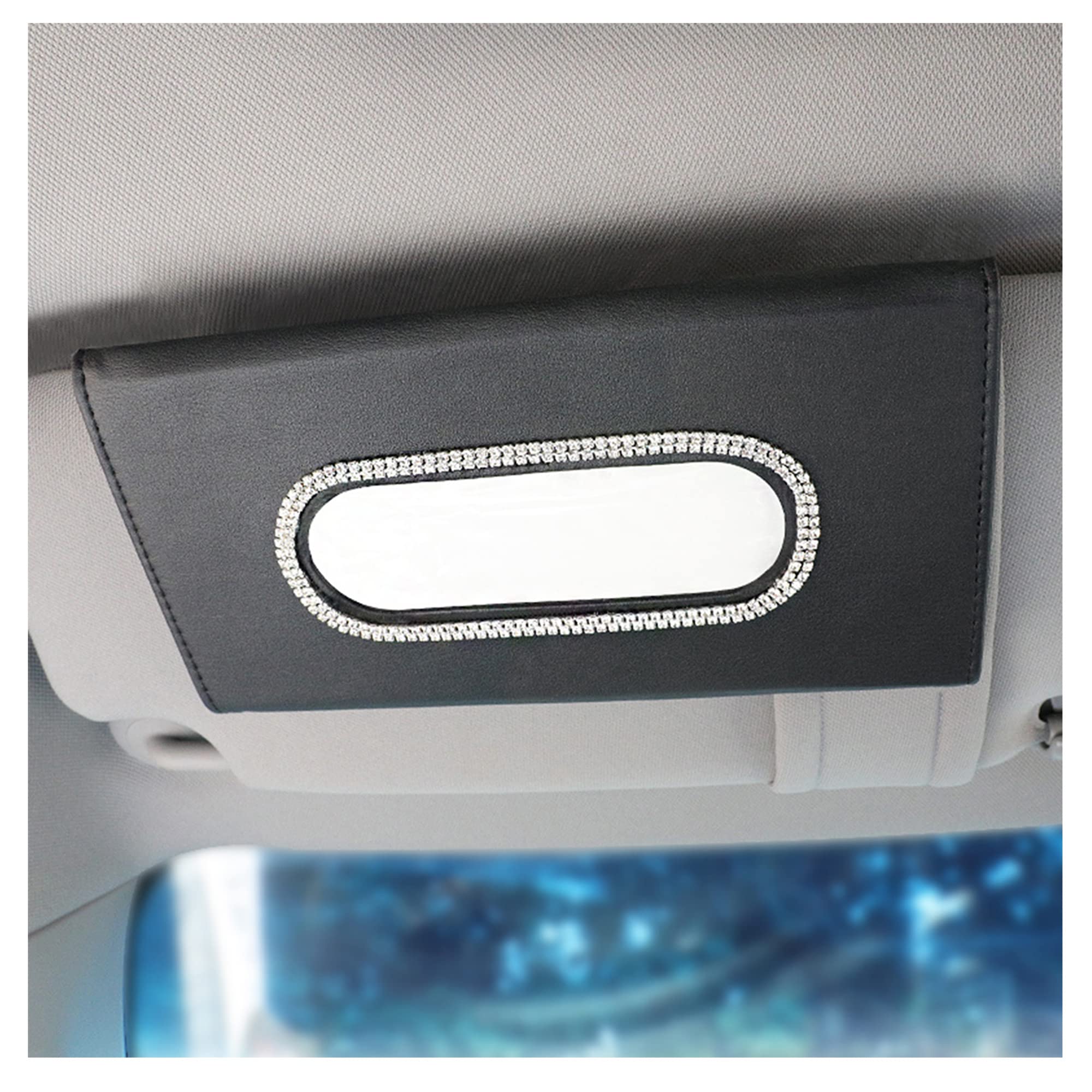 Car Sun Visor Tissue Holder - Bling Crystal Car Tissue Box Organizer with Leather Cover | Black Car Accessory for Napkins & Tissues | Perfect for Road Trips, Commuting & Family Travel