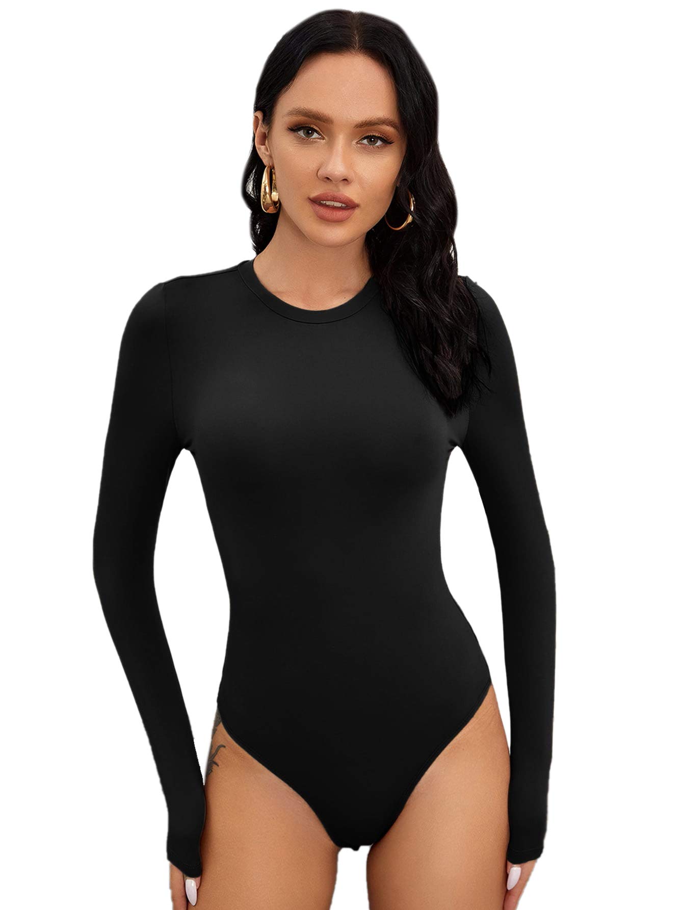 Floerns Women's Solid Color Round Neck Long Sleeve Fitted Bodysuit Jumpsuit - Perfect for Office Wear, Date Night & Layering Outfits