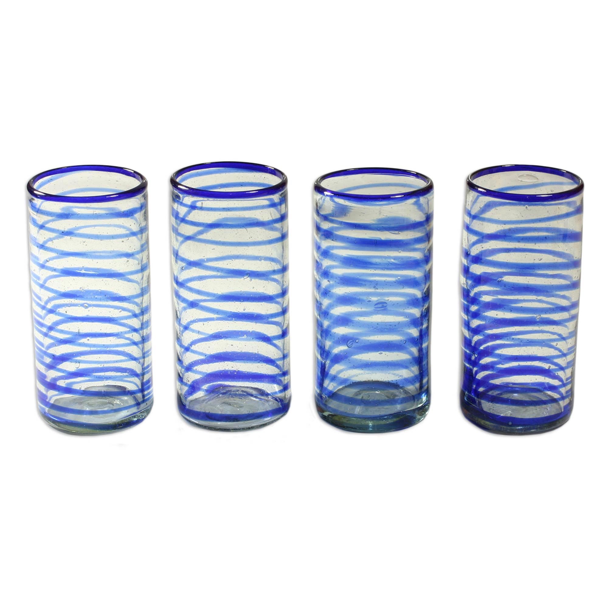 NOVICA Hand Blown Blue Recycled Glass Water Glasses, 9 Oz 'Whirlwind' (Set of 4) - Eco-Friendly Drinking Cups for Home, Restaurant & Outdoor Use - Perfect for Water, Juice & Cocktails