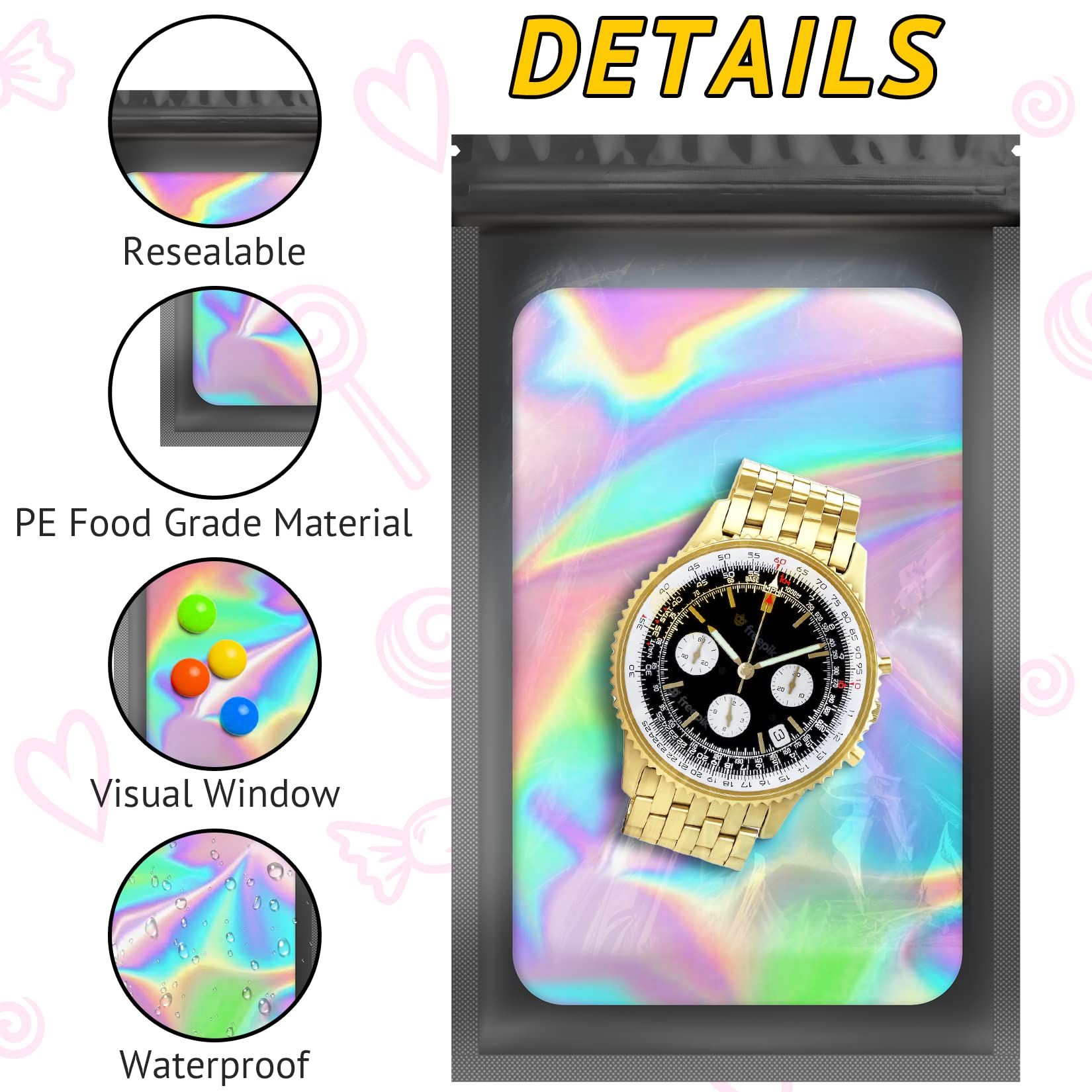 100 PCS Holographic Resealable Bags - Smell Proof Packaging for Lashes, Press On Nails, Jewelry, Candy & Small Items | Perfect for Small Business, Food Storage & Travel Organization