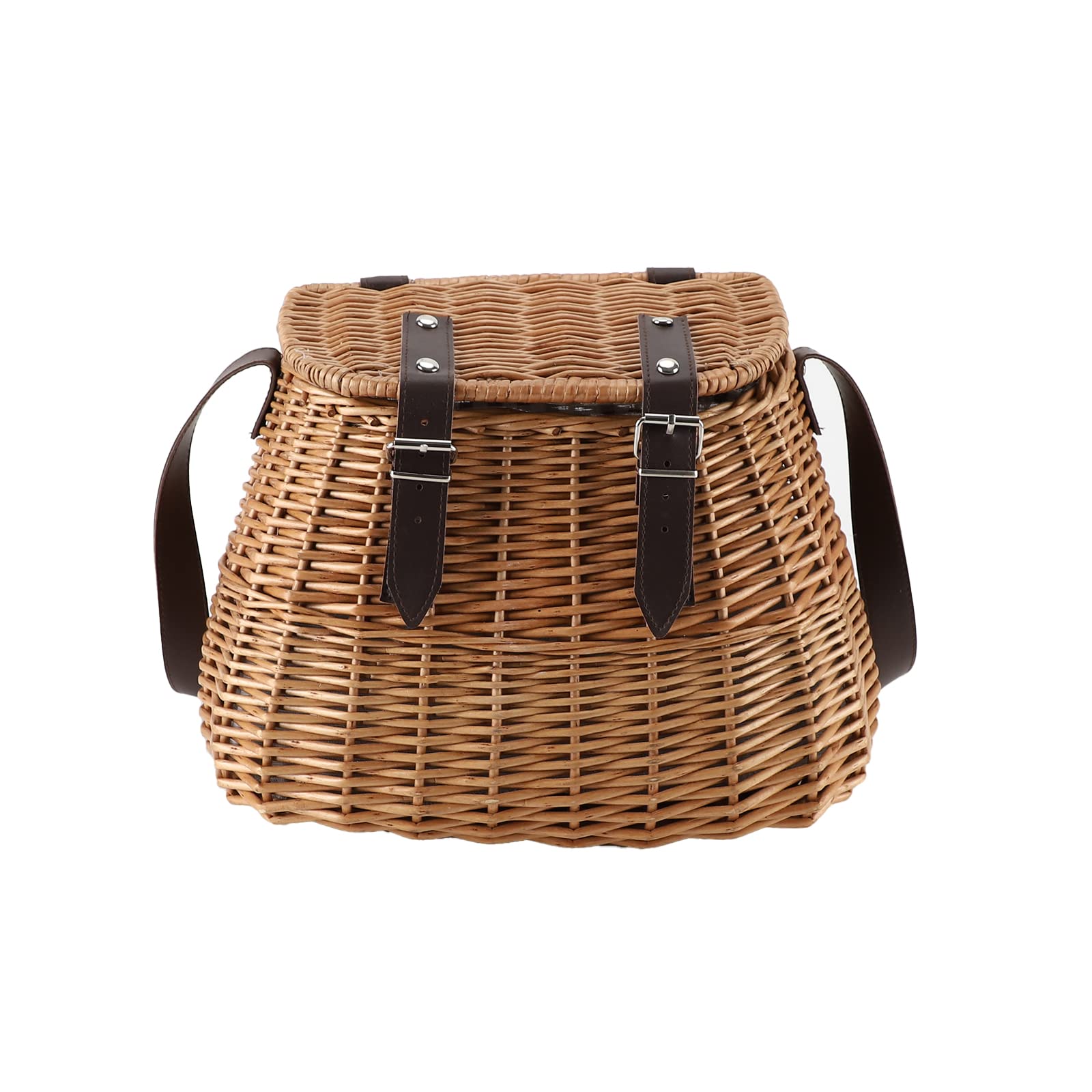 Premium Wicker Picnic Basket with Lid & Shoulder Strap - Vintage Style Fishing Creel Basket for Outdoor Picnics, Camping, Beach Trips & Romantic Dates - Perfect Gift for Nature Lovers