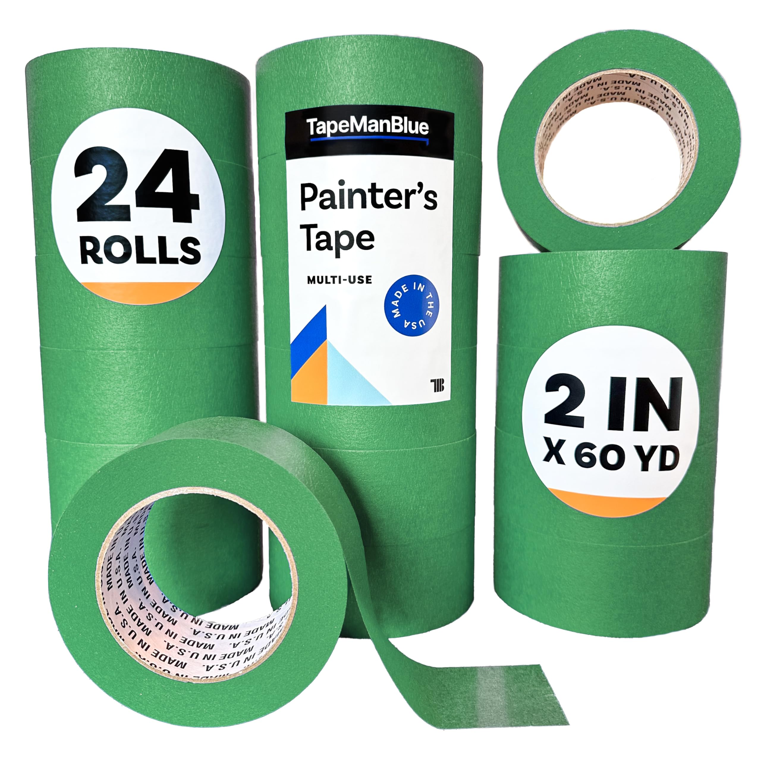 Premium High Tack Green Painters Tape - 2 Inch x 60 Yards (24 Rolls Case) | Made in USA | Clean Removal & UV Resistant Masking Tape | Perfect for Home Painting, DIY Projects & Professional Use