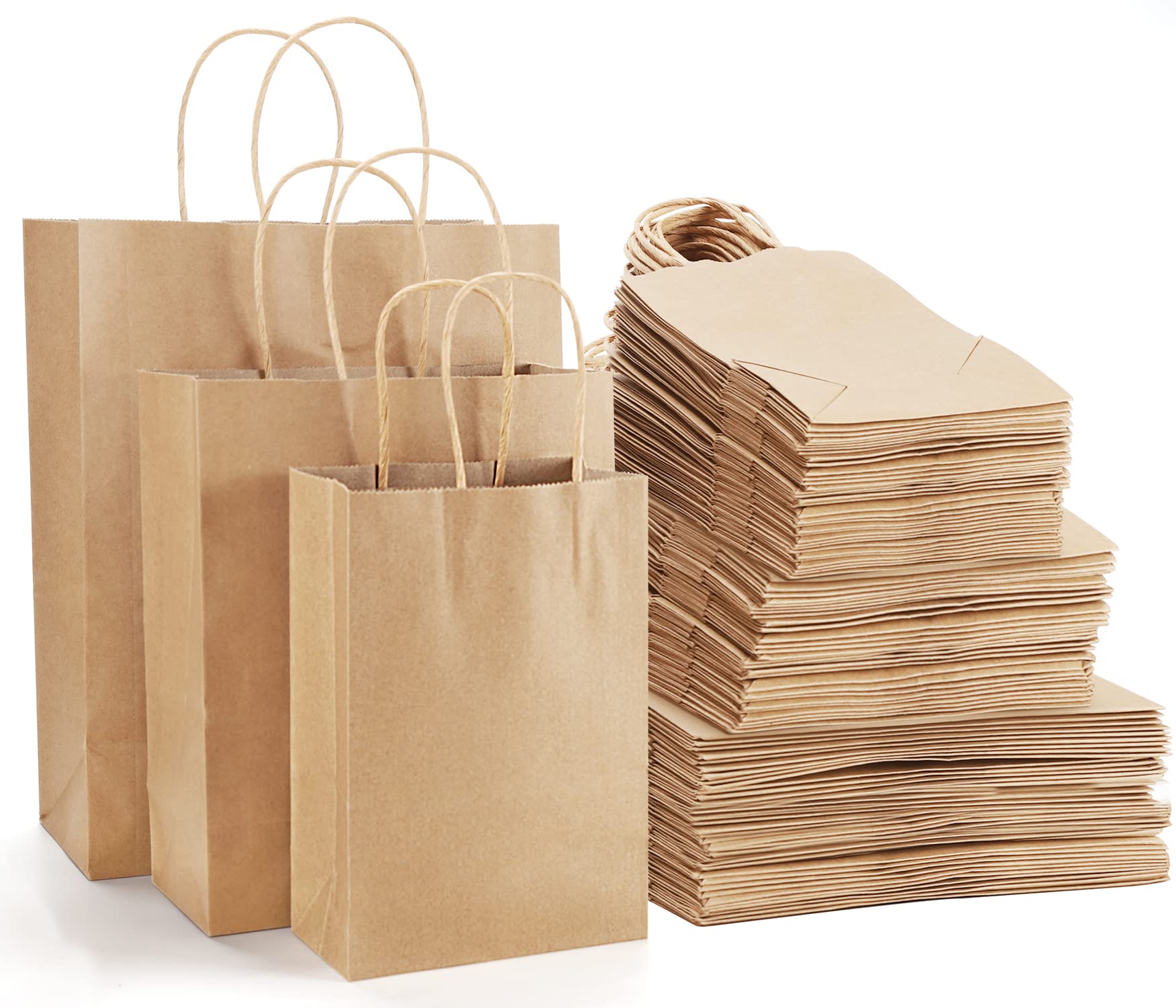 105 Pack Brown Kraft Gift Bags with Handles - Natural Plain Kraft Paper Shopping Bags Bulk for Retail, Grocery, Merchandise, Crafts, Birthday, Wedding & Party Favors (3 Sizes) - Perfect for Gift Wrapping, Store Packaging & Event Decorations