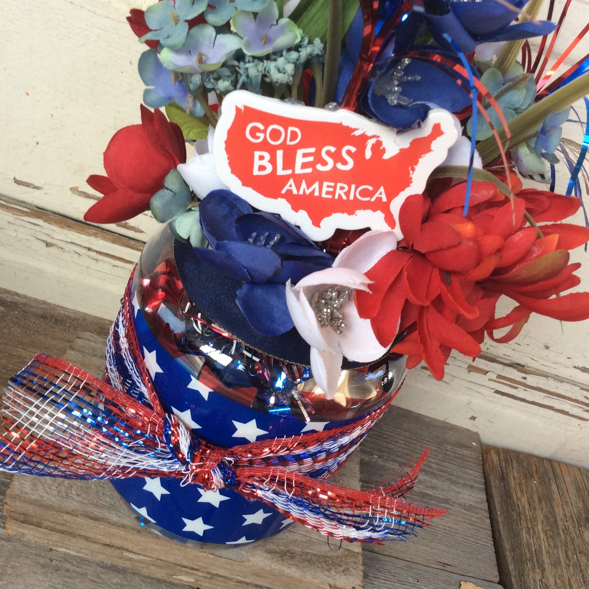 AGD Patriotic Decor - God Bless America Small Floral Centerpiece for Table, Home, and Independence Day Celebrations | Red White and Blue Floral Arrangement