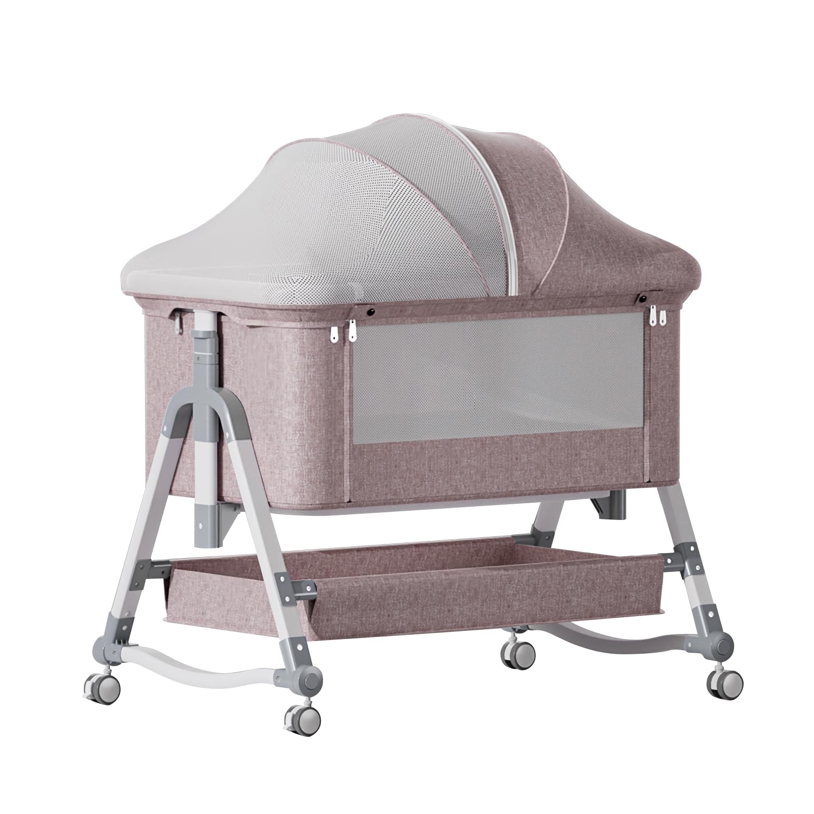 Jaoul 4-in-1 Adjustable Baby Bassinet Bedside Sleeper & Portable Crib with Comfortable Mattress, Mosquito Net & Storage - Ideal for Newborns & Infants - Perfect for Nursery, Bedroom & Travel (Khaki)