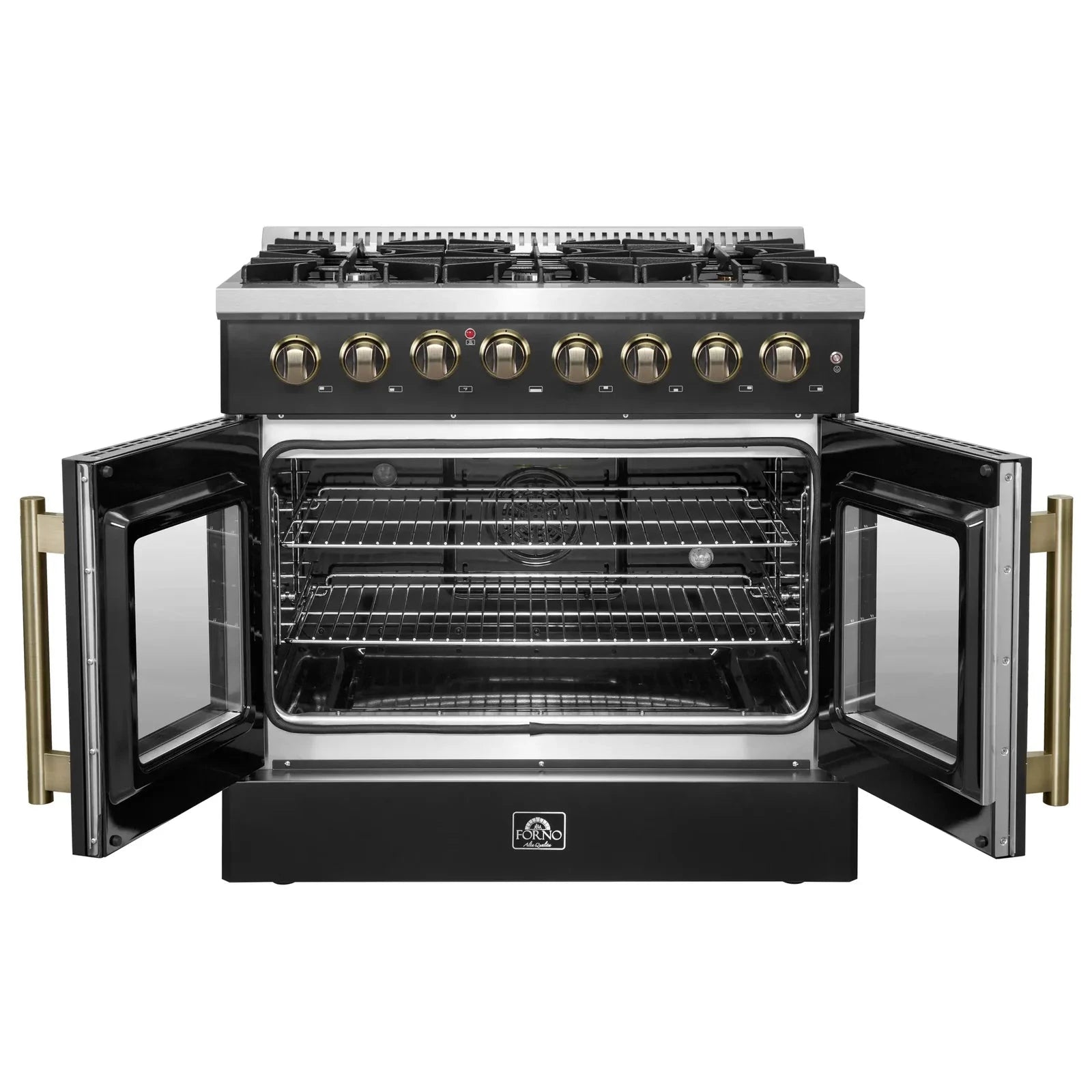**Forno Galiano 36-Inch French Door Dual Fuel Range - Gas Stove & Electric Oven in Black with Antique Brass Trim (Model FFSGS6356 36BLK) - Perfect for Modern Kitchens & Gourmet Cooking**