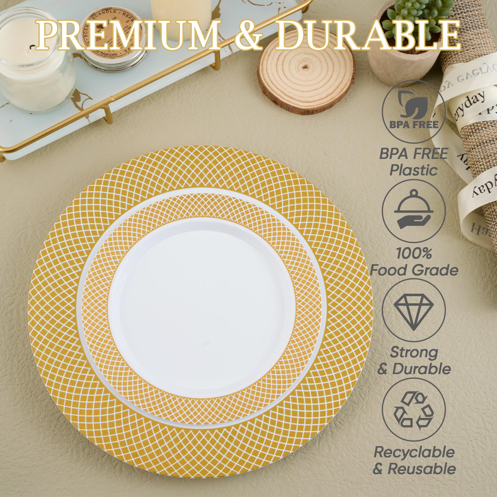 FOCUSLINE 102-Pack Gold Plastic Plates Set - 51 Elegant 10