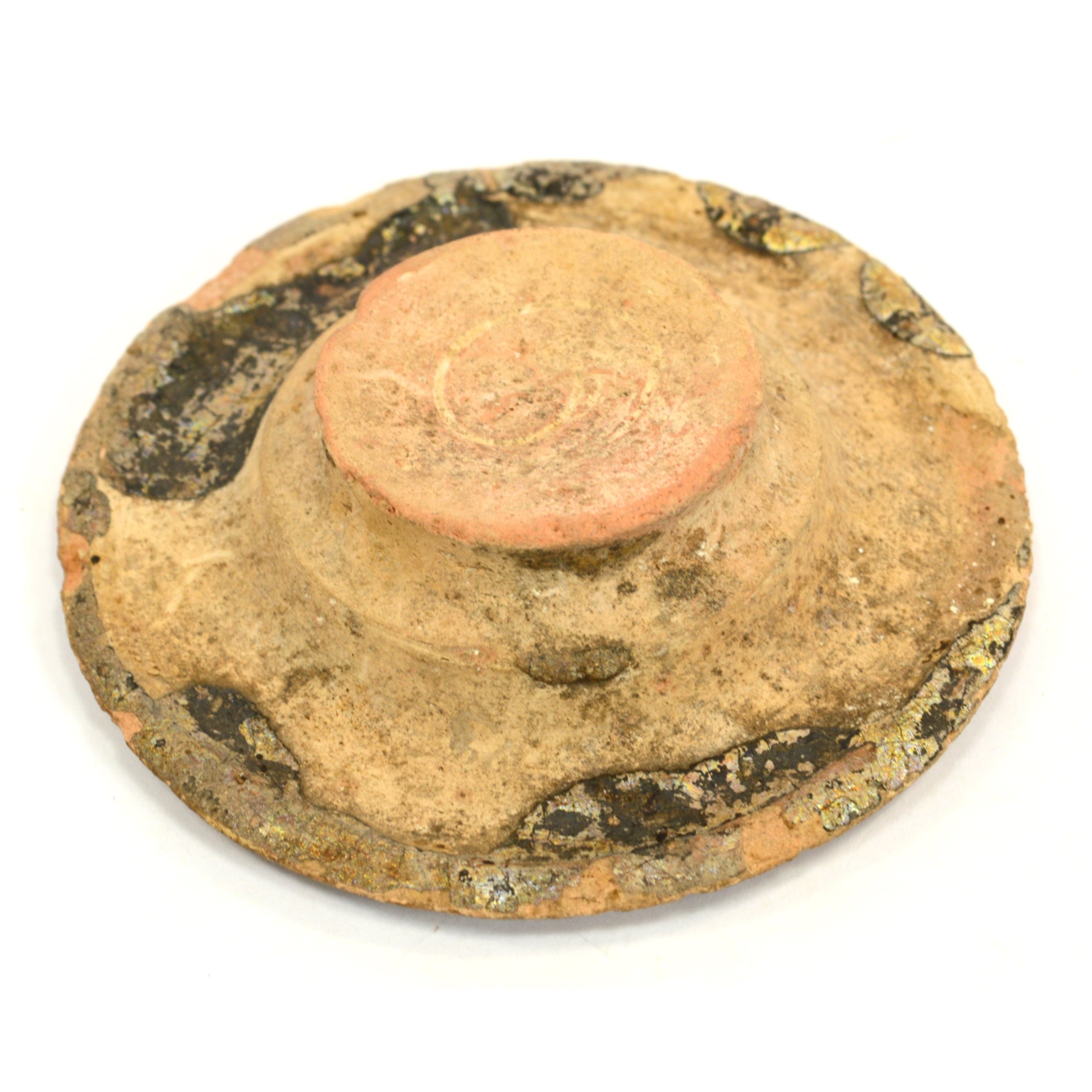 Ancient Terracotta Pottery Vessel Lid with Heavy Iridescence - Authentic Pre-Columbian Artifact for Home Decor & Museum Display