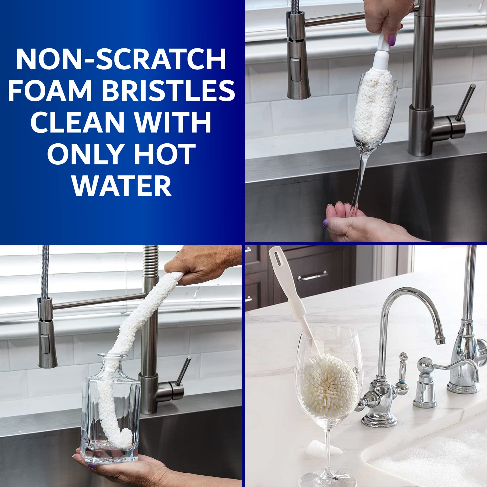 Premium Glassware Cleaning Brush Kit - 3 Pack Non-Scratch Decanter & Wine Bottle Brush Set for Narrow Neck Glass, Beer Bottles, Vases - Ideal for Home Bars, Restaurants & Commercial Use by FryOilSaver Co. - Perfect for Wine Enthusiasts, Bartenders & Home Cleaning