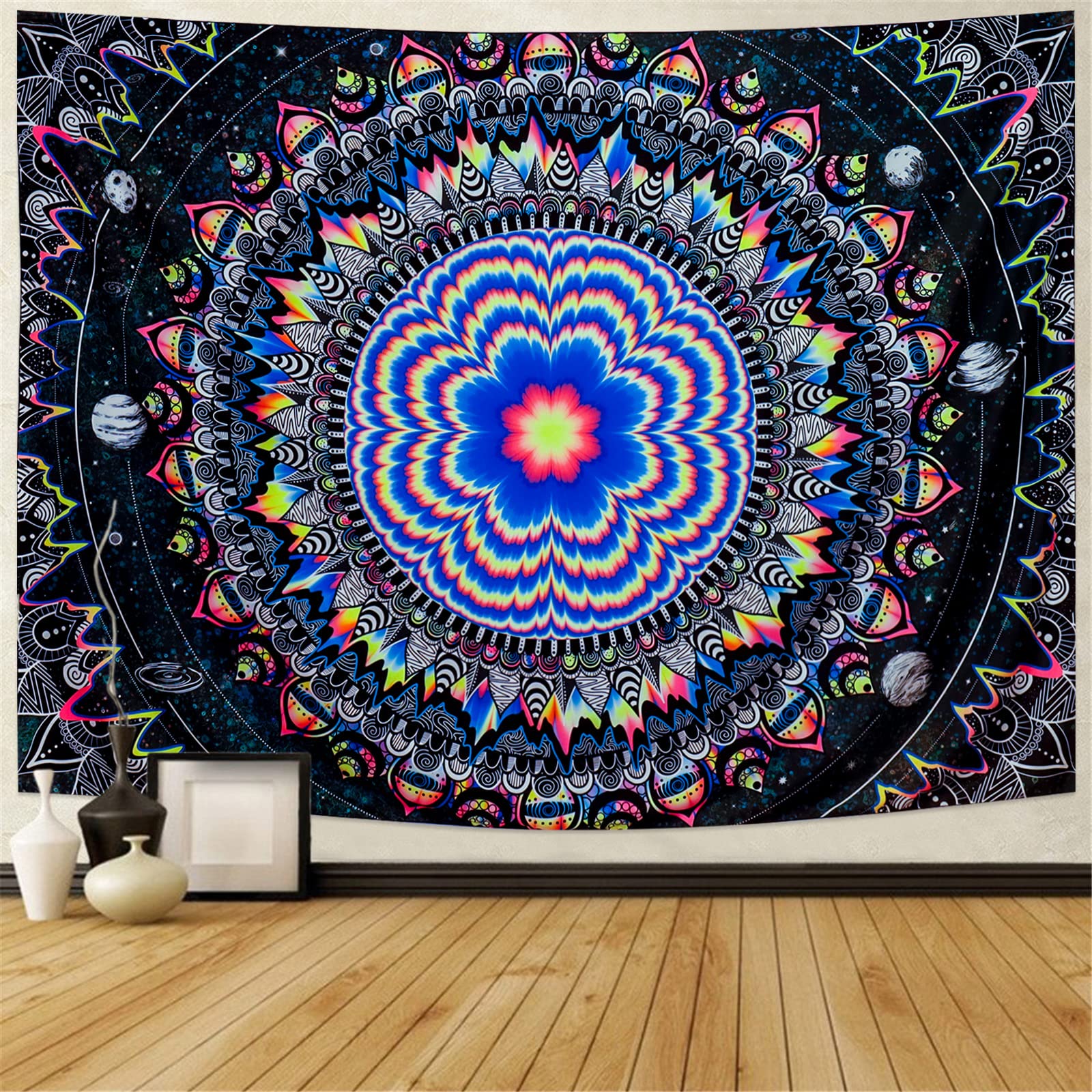 UV Reactive Trippy Mandala Tapestry - Blacklight Galaxy Stars Wall Hanging | Psychedelic Neon Bedroom Decor for Hippie Style & Glow Party | Perfect for Dorm Room, Music Festivals & Meditation Spaces
