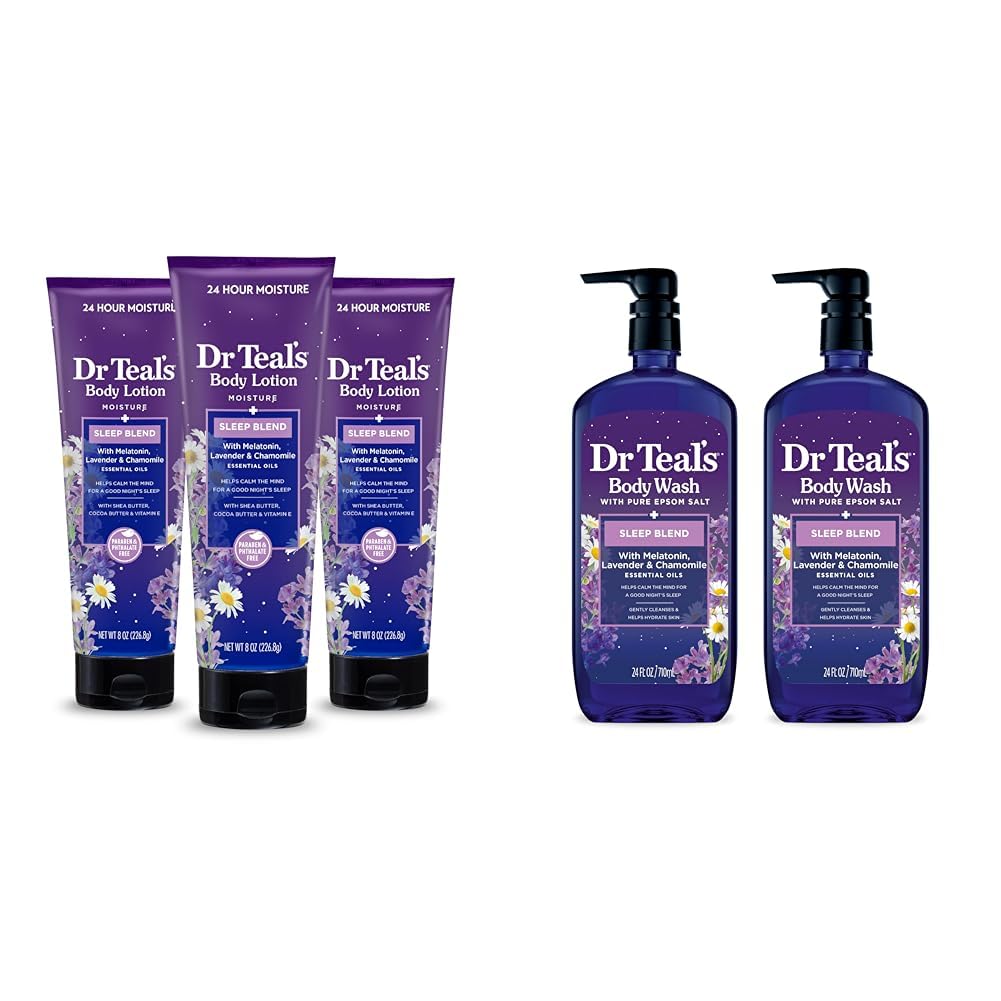 Dr Teal's Sleep Body Lotion (3-Pack) & Body Wash (2-Pack) Bundle with Melatonin, Lavender & Chamomile - Relaxing Nighttime Routine for Better Sleep & Stress Relief
