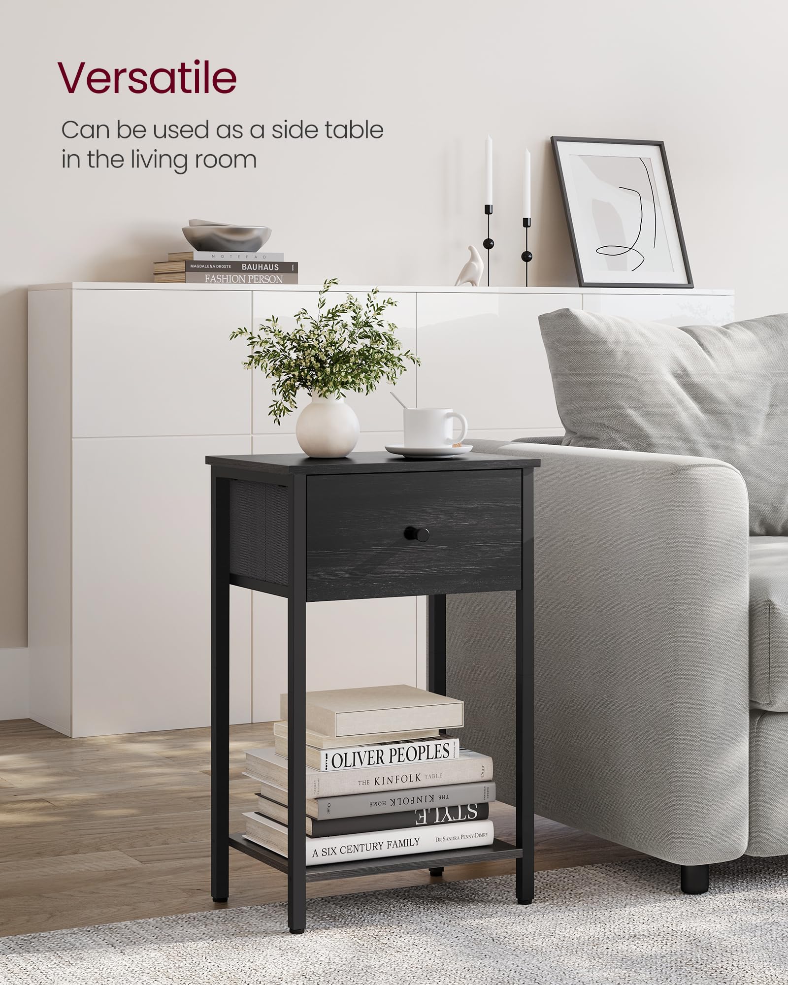 VASAGLE 2-Piece Nightstand Set with Fabric Drawer and Storage Shelf, 24-Inch Tall End Table for Bedroom - Black ULGS221B21 | Perfect for Small Spaces, Guest Rooms & Apartment Living