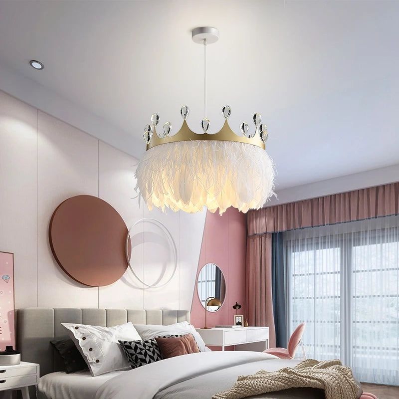 Crystal Pendant Light with White Feather Crown - Elegant Chandelier for Dining Room, Bedroom & Living Room Decor | Ethereal Lighting Fixture for Home & Wedding Venue