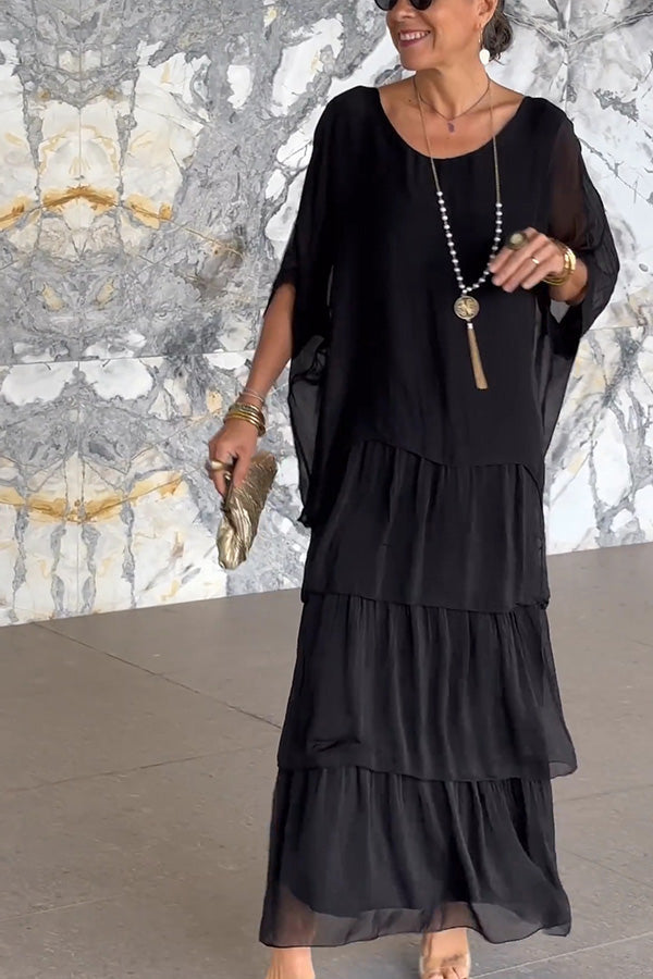 Solid Color Crew Neck Loose Tiered Maxi Dress for Women - Casual Summer Beach Dress with Pockets | Perfect for Vacation, Date Night & Outdoor Events