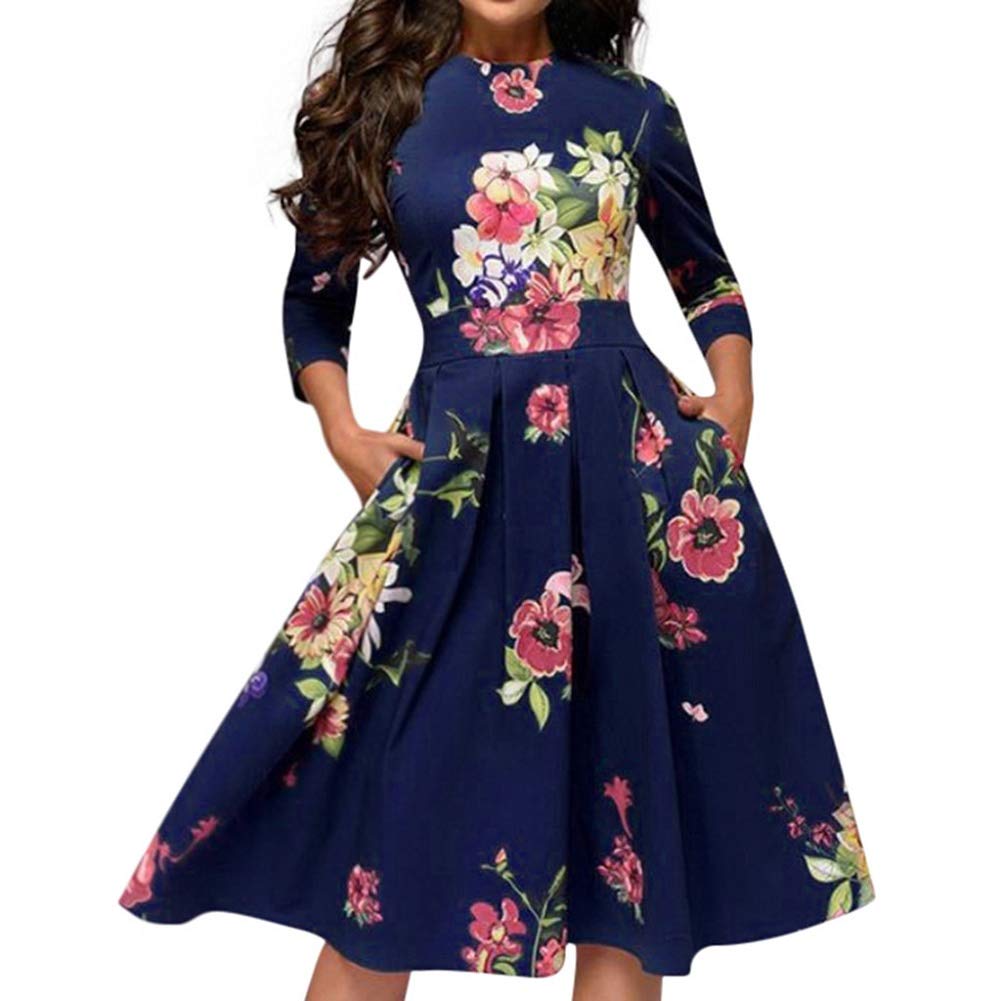Women's Floral Print 3/4 Sleeve Midi Dress with Pockets - Casual Spring Summer Crewneck Dress for Daily Wear, Office, Date Night & Vacation