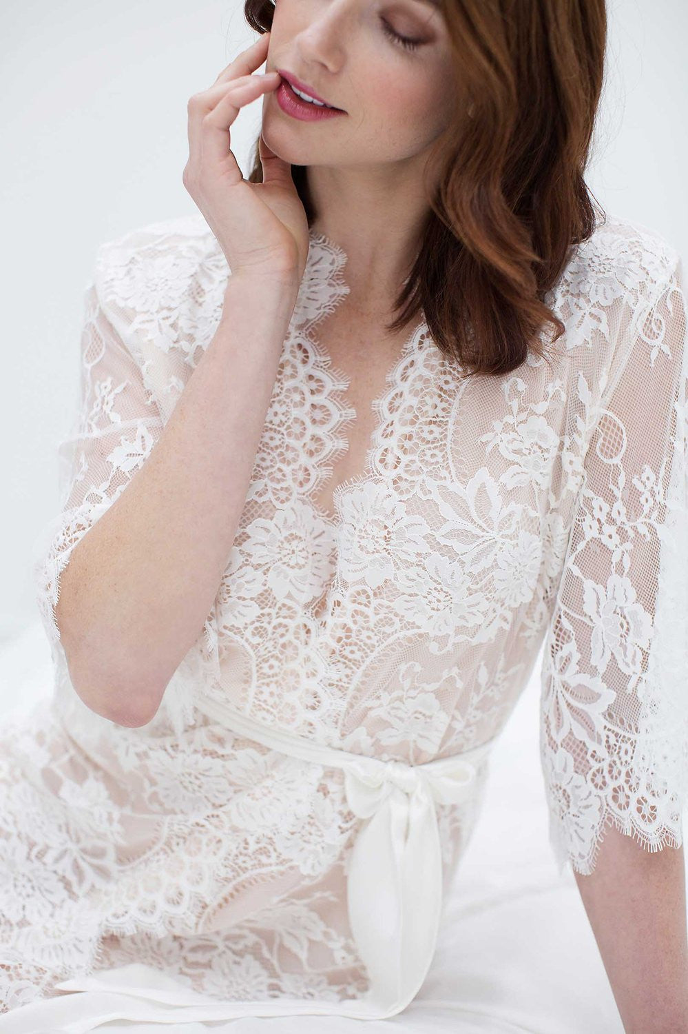 Swan Queen Elegant Silk & Lace Kimono Robe - Ivory & Blush Pink Style 104SH | Luxury Loungewear for Bridal Shower, Honeymoon & Special Occasions