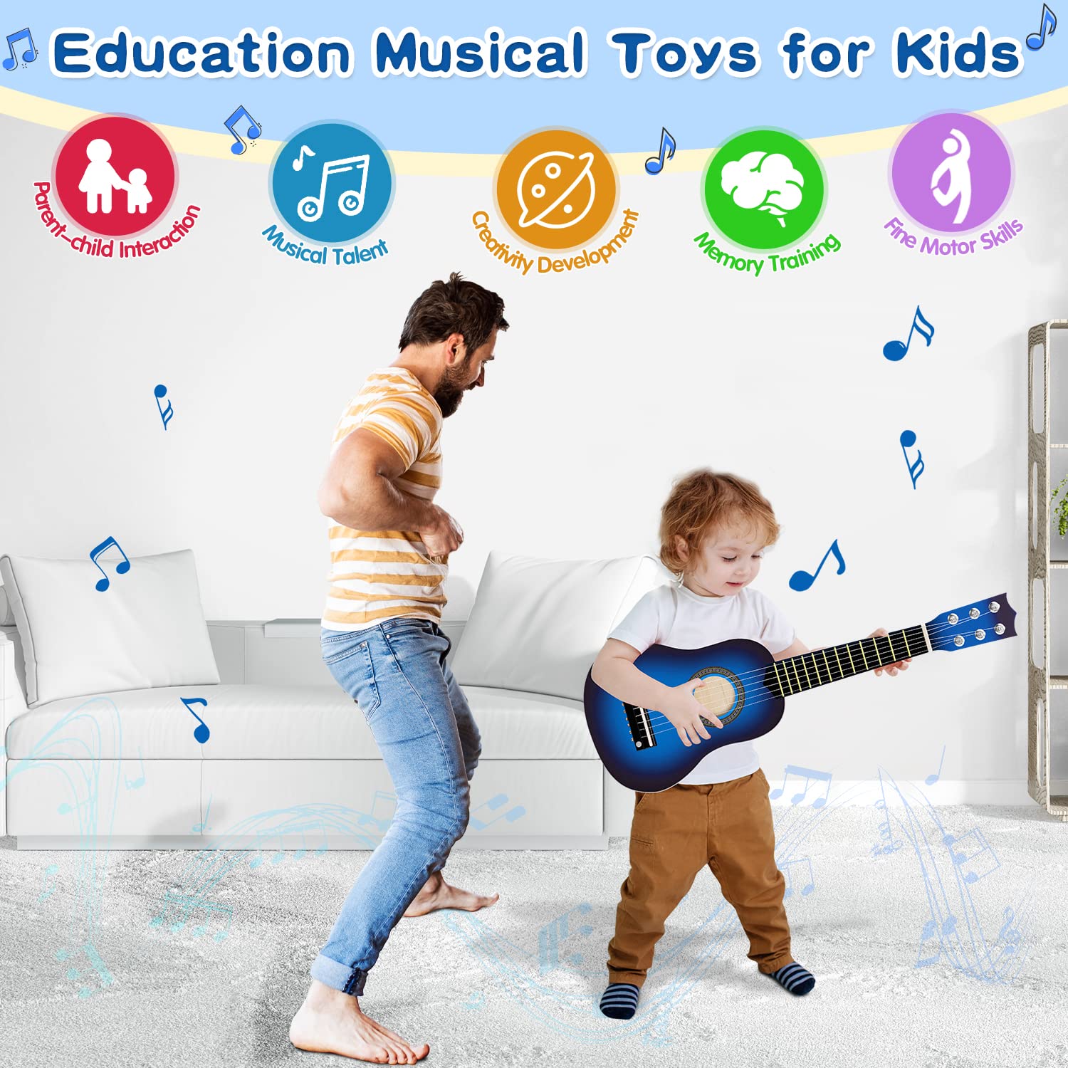 **21 Inch Wooden Acoustic Guitar for Kids - 6 String Beginner Ukulele Toy for Toddlers Ages 3-7 - Musical Learning Instrument Gift for Boys & Girls (Blue) - Perfect for Birthday, Christmas & Music Practice**