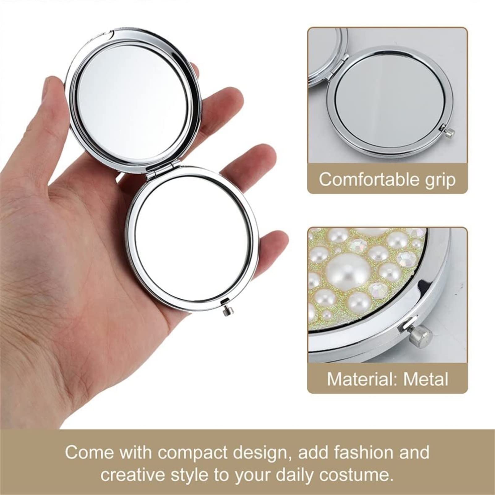 Portable Folding Compact Mirror - Dual-Sided Travel Makeup Mirror with Pearl Design, 2 Pack Handheld Cosmetic Mirror for Handbag & Pocket | Perfect for Travel, Home, and On-the-Go Touchups